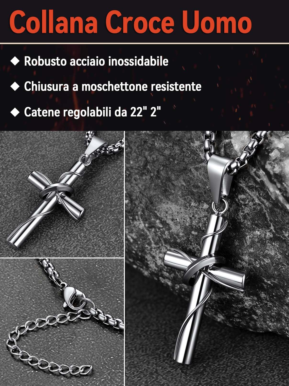FaithHeart Collana con Croce da Uomo, Ciondolo Croce Cristiana, Acciaio Chirurgico Inossidabile 316L, Impermeabile, Tre colori, Catena 55+5cm, Regali Comunione Maschio