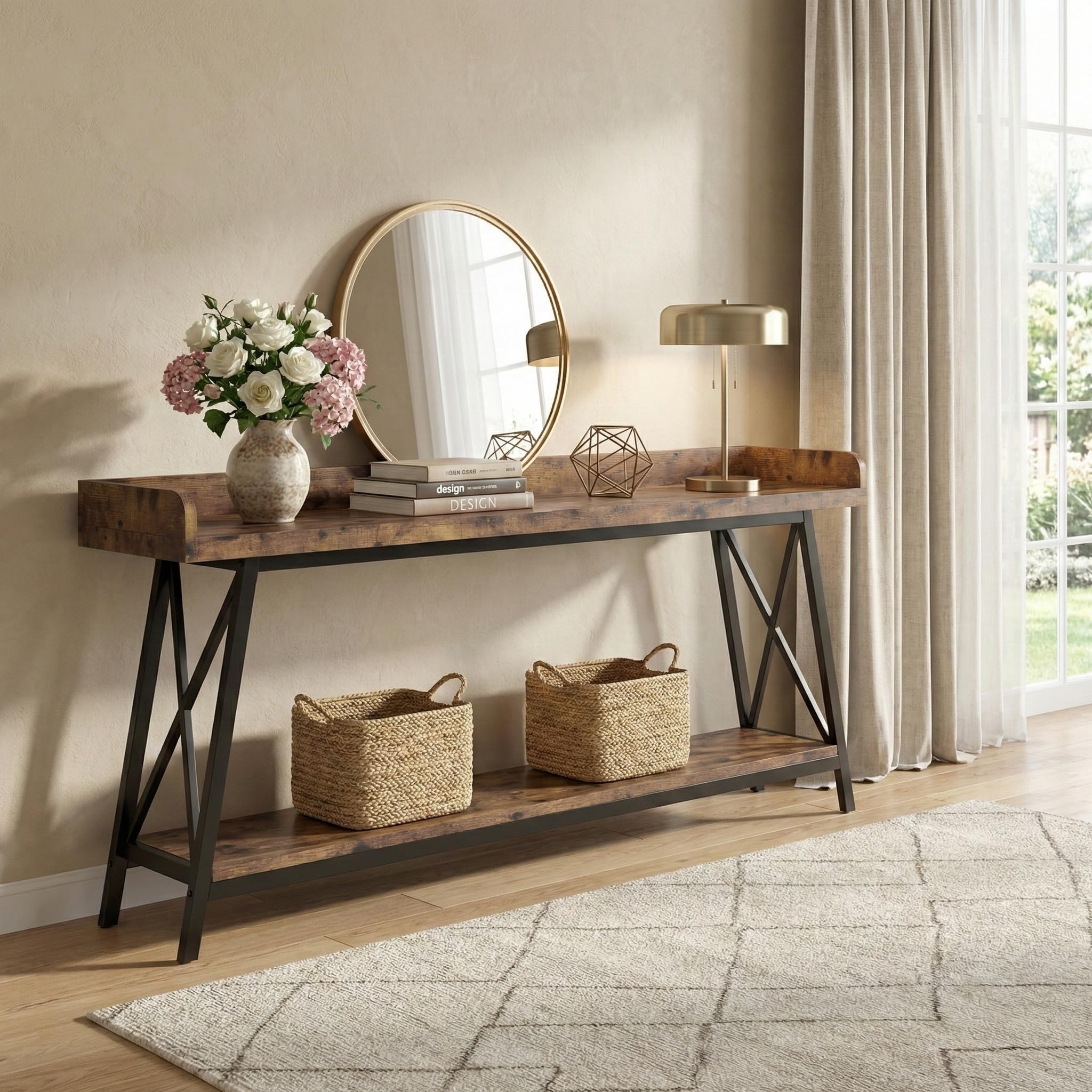 Lailang 180cm Mesa de Entrada, Mueble Recibidor Entrada, Consola de Entrada, Mesa Madera, Mesas Auxiliares Salon, Mueble Pasillo Estrecho, 180 x 46 x 20 cm, Marrón Rústico
