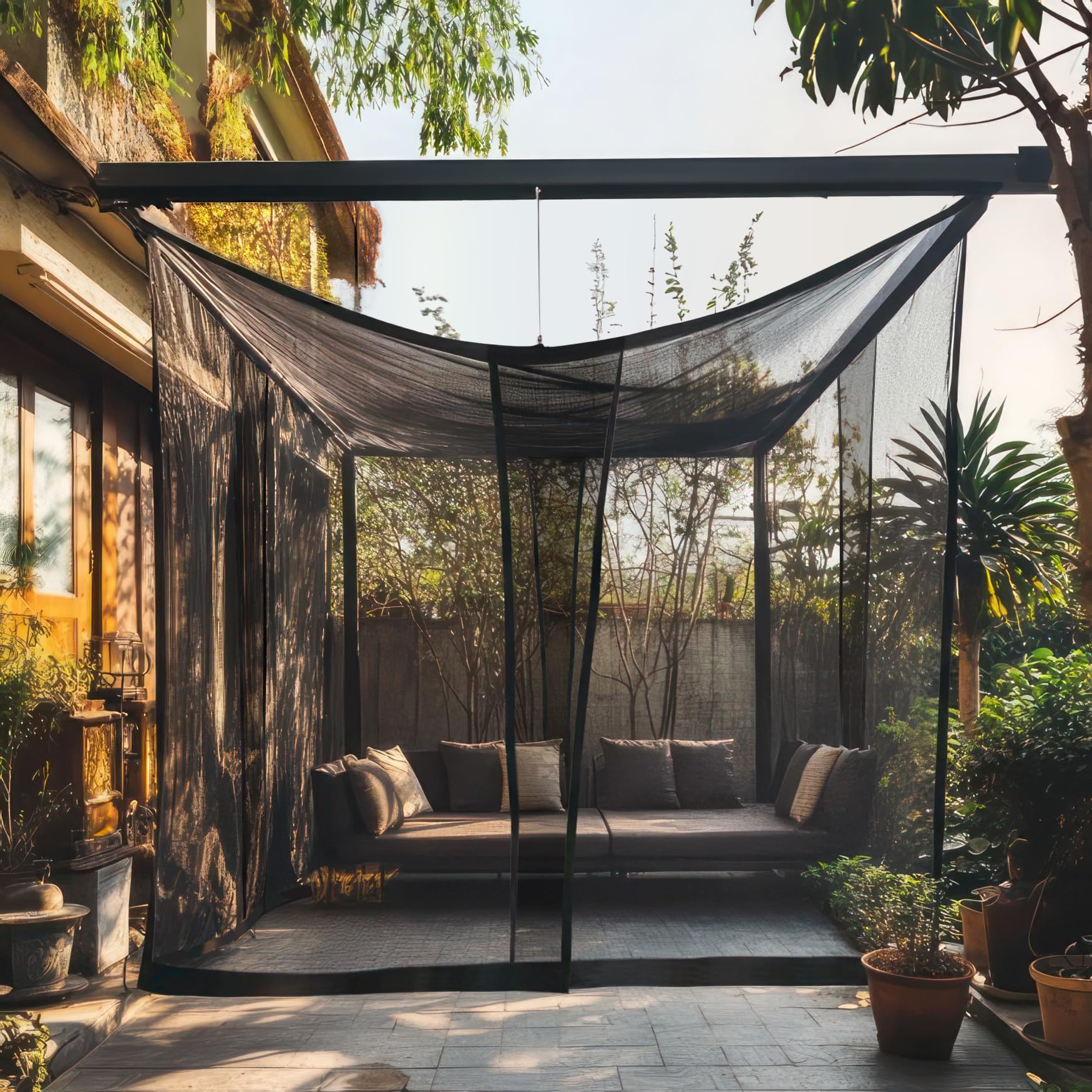 Moustiquaire pour Patio 4 x 3 M | Très Grandes Tailles Et Tissu Conçu pour L'Extérieur | Noir Maille De Protection Contre Les Insectes pour Gazebo, Porche Et Terrasse De Jardin
