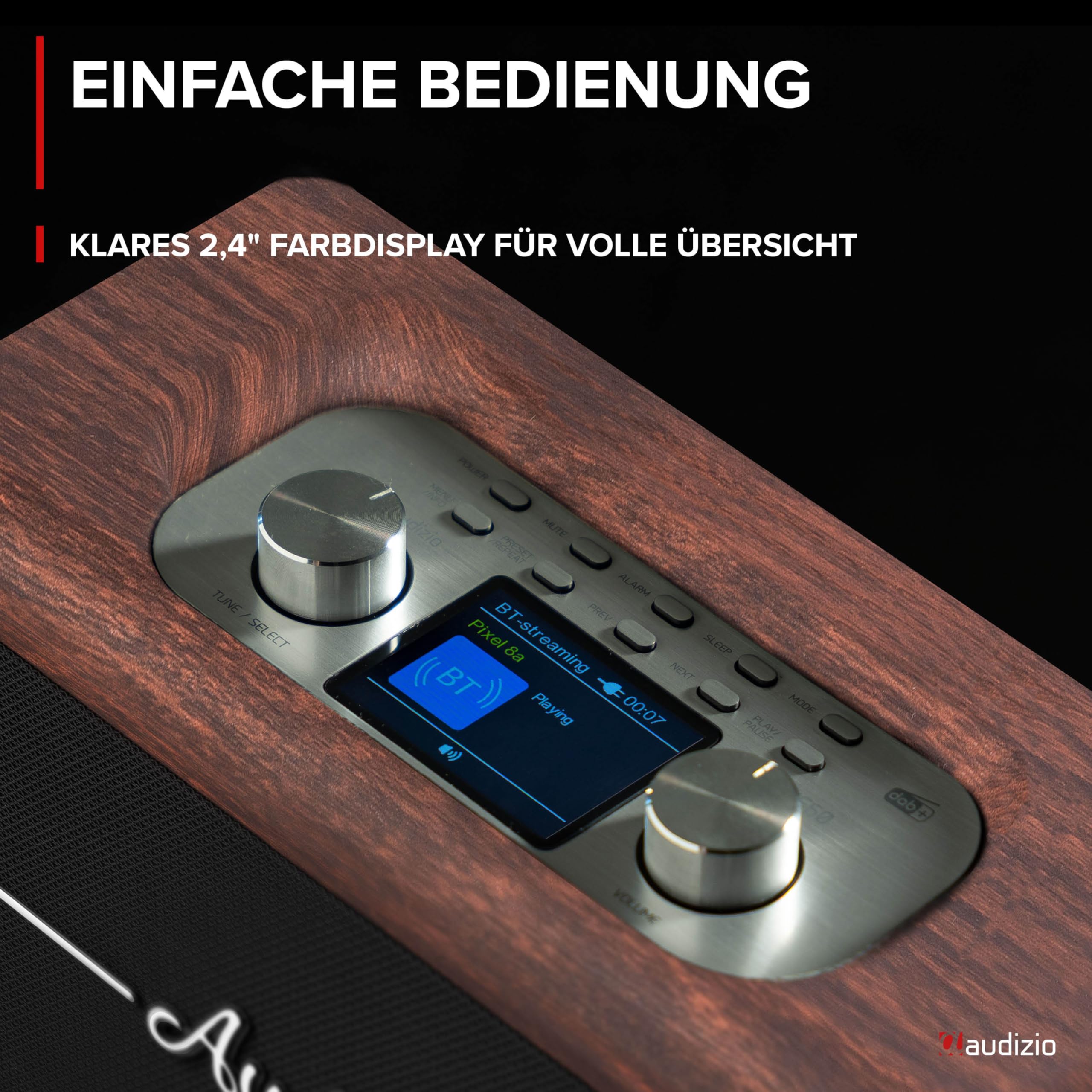 Audizio Tune60 - DAB Radio mit Bluetooth Lautsprecher, Fernbedienung, FM, 40 Watt, Batterie- Netzbetrieb, LCD, 20 Speicherplätze, USB/TF, AUX, Wecker, Leder Vintage DAB+ Radio - Dunkelbraun