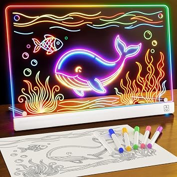 14 LED Drawing Board for Kids with 7 Colors & 3 Modes, Neon Art Light Up drawing board with Battery Case, Doodle Magic lumiboard Writing Tablet, Birthday Christmas New Year Gifts Toys for Girls Boys