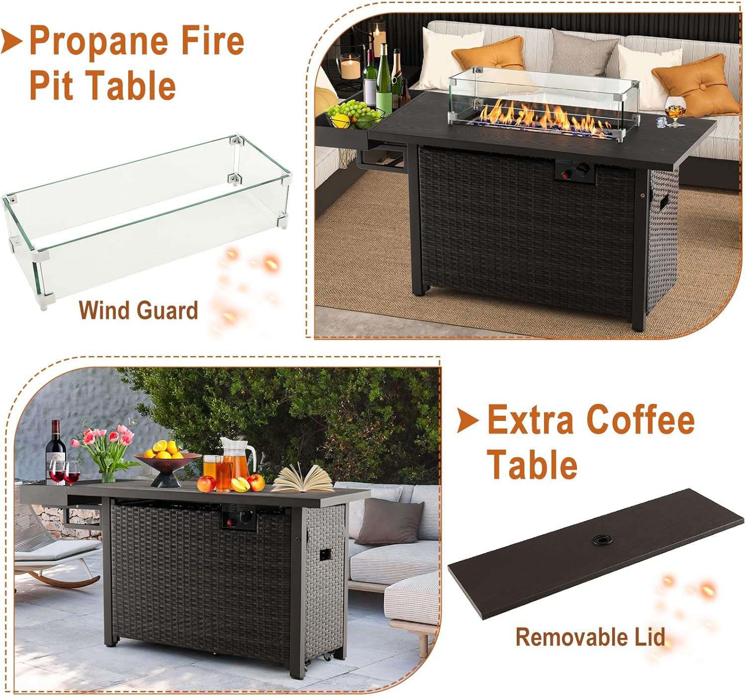 Giantex 52" Outdoor Propane Fire Pit - 50,000 BTU Wicker Patio Gas Fire Table w/Lid, Waterproof Cover, Tempered Glass Wind Guard & Blue Fire Stone, PE Rattan Firepit Table w/Storage Shelf (Brown)