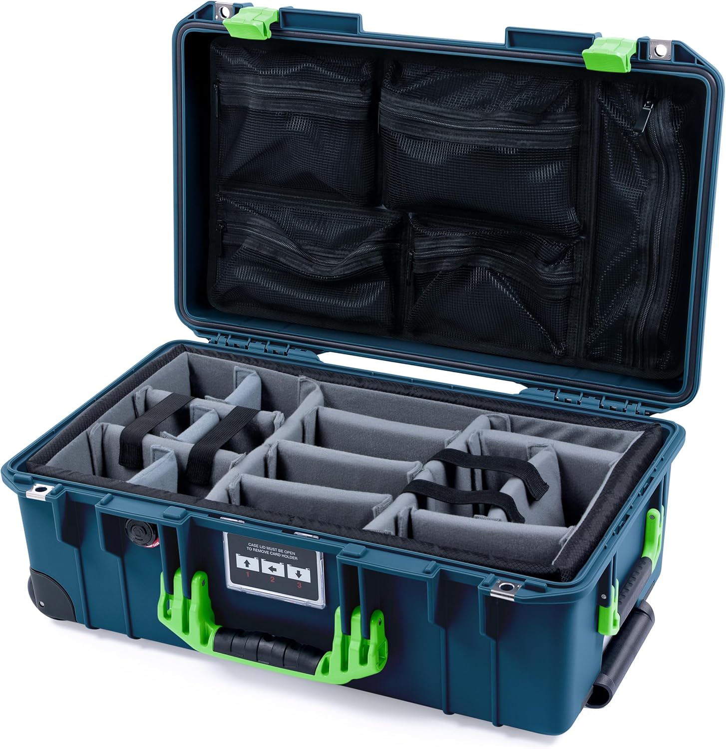 ColorCase Pelican Air 1535 Carry-on Case Deep Pacific Blue - Medium Size Waterproof Case with Gray Padded Microfiber Dividers & Mesh Lid Organizer - Lime Green Handles, Latches & Trolley