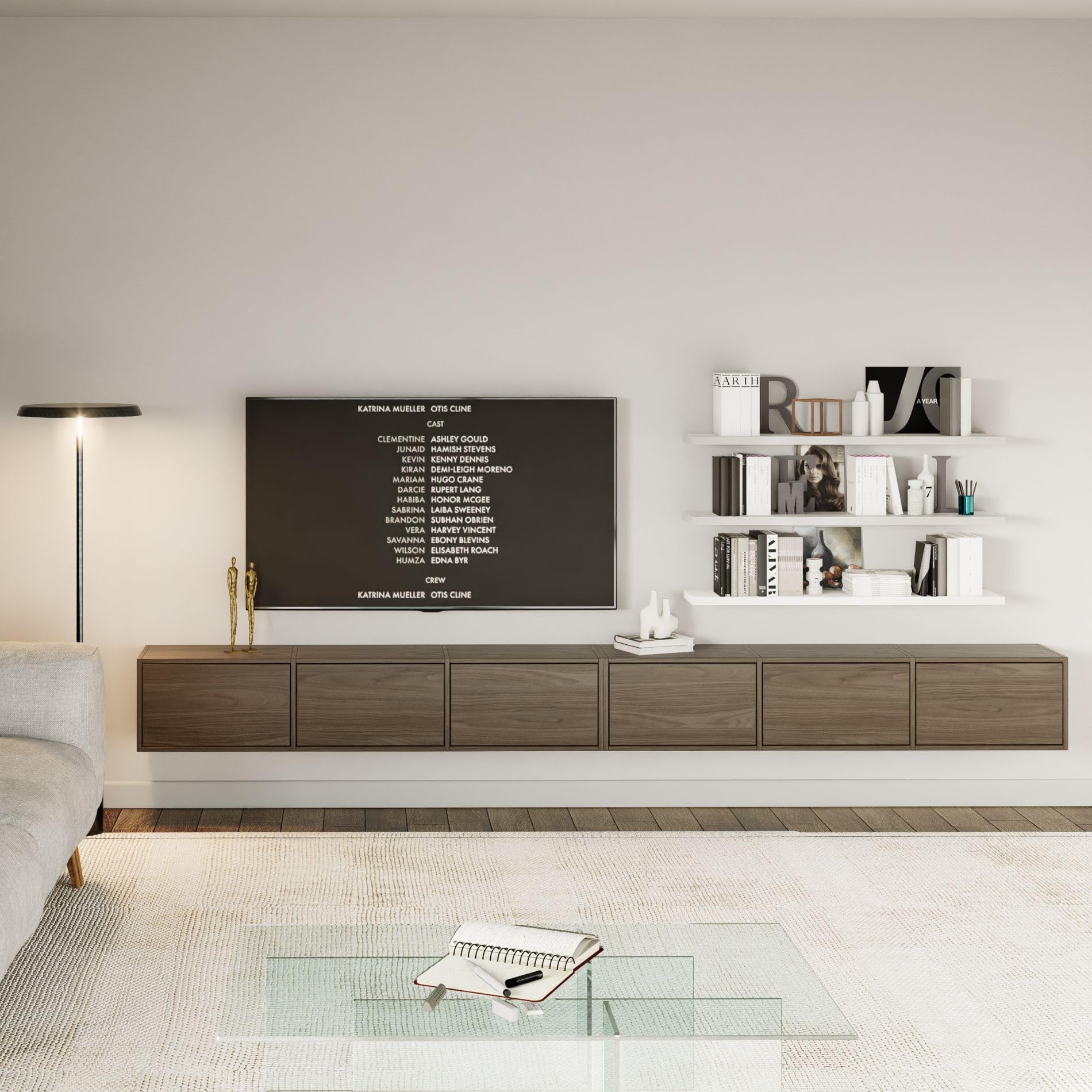 Selsey TV Lowboard Hängend Walnuss Wisconsin 300 cm Minimalistisches Design mit Push-to-Open 16 mm Laminierte Spanplatten 6 Klappen Platzsparend Ideal für Wohnzimmer Matte Oberfläche Made in Europa