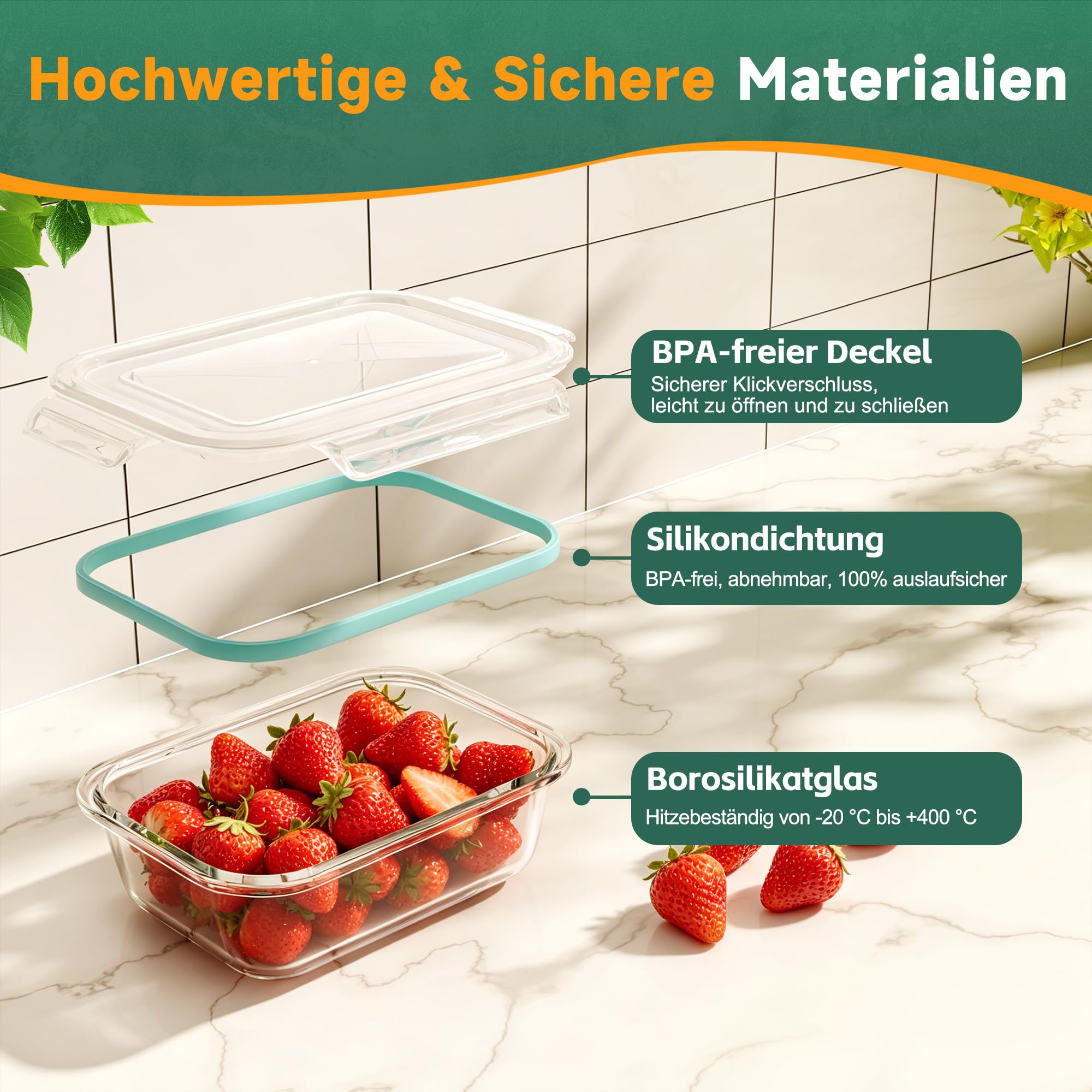 Glasbehälter mit Deckel 4er Set | Borosilikatglas Frischhaltedosen Luftdicht & Auslaufsicher | Vorratsdosen für Kühlschrank, Gefrierschrank & Mikrowelle | 1040ml, 640ml, 370ml, 180ml