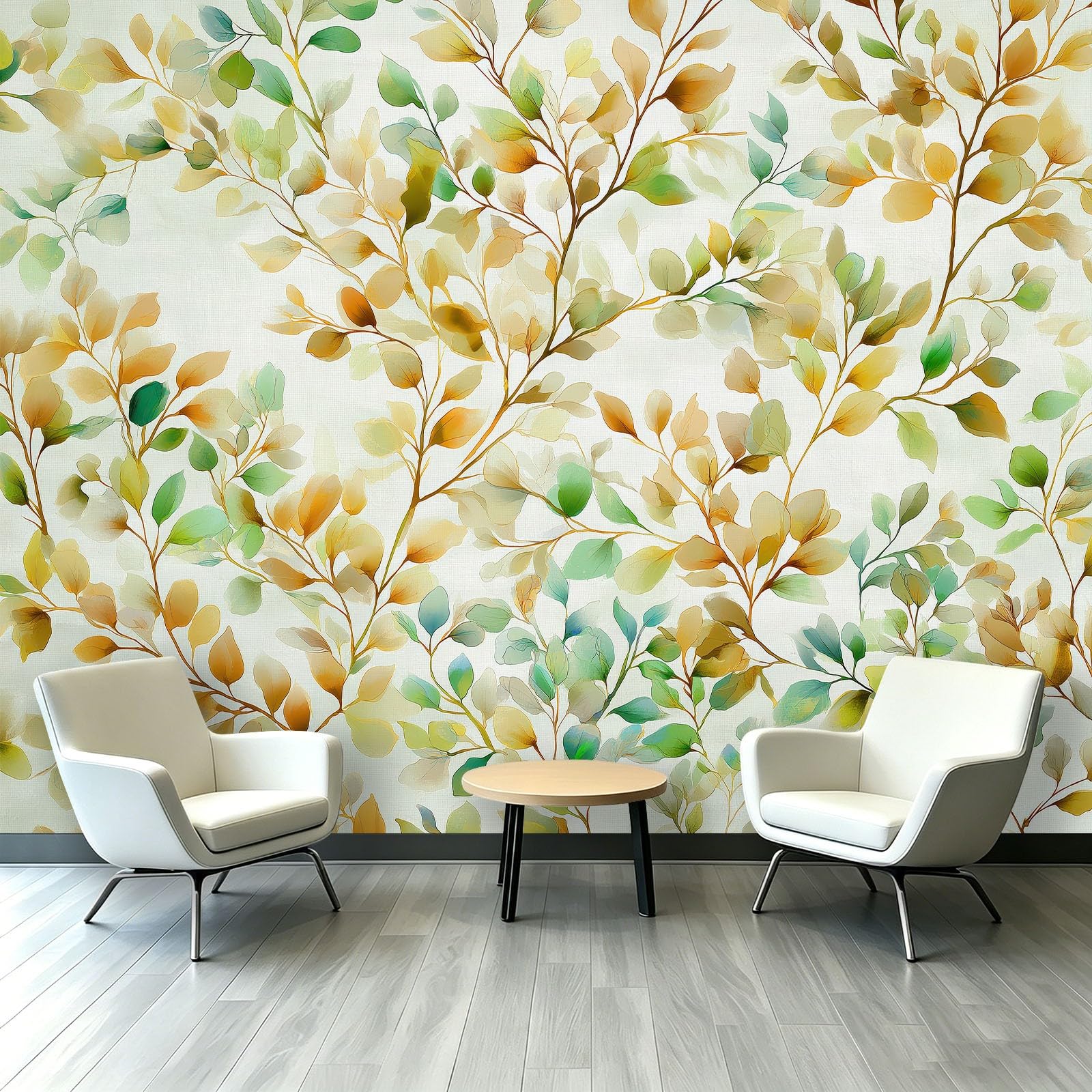 Fototapete 350 x 256 cm (B x H) Tapete Modern Aquarell Blätter Tapeten Vliestapete, Grün Wandtapete für Wohnzimmer Schlafzimmer Apartment Esszimmer Wanddeko Motivtapeten