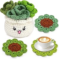 FTEVEN Beginner Crochet Kit: 3PCS Coasters & Potted Plant with Hooks, Yarns, Video Tutorials - Easy DIY Home Decor Gift