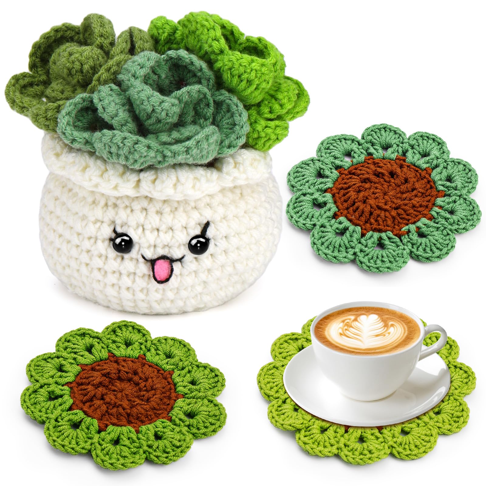 FTEVEN Crochet Kit for Beginners, 3PCS Coasters Potted Plants Crochet Kit