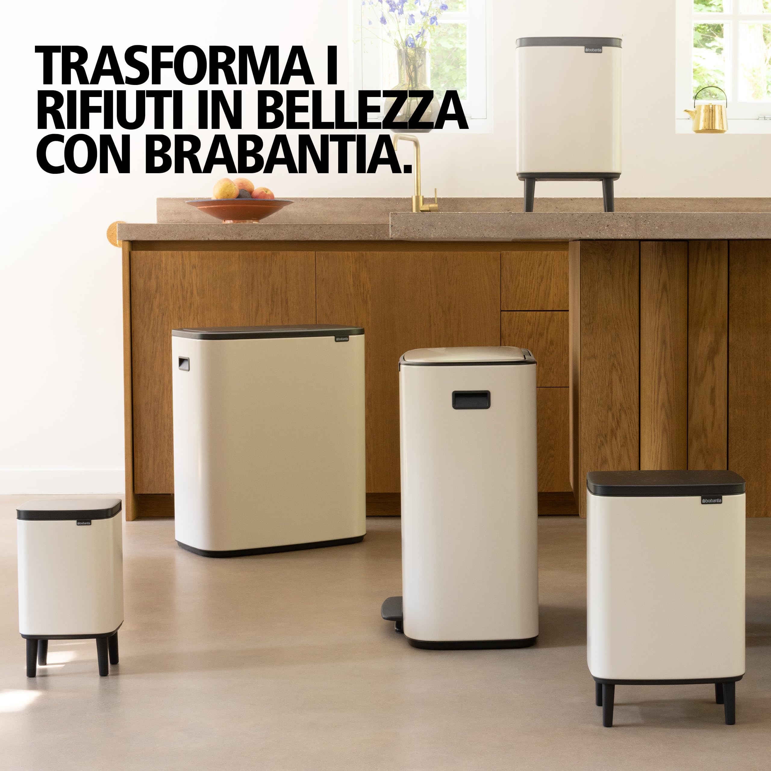 Brabantia Bo Hi 4L Pattumiera con coperchio Soft Close, Secchio Spazzatura ideale per bagno, camera da letto e ufficio, Cestino con secchio interno rimovibile e maniglia - Soft Beige