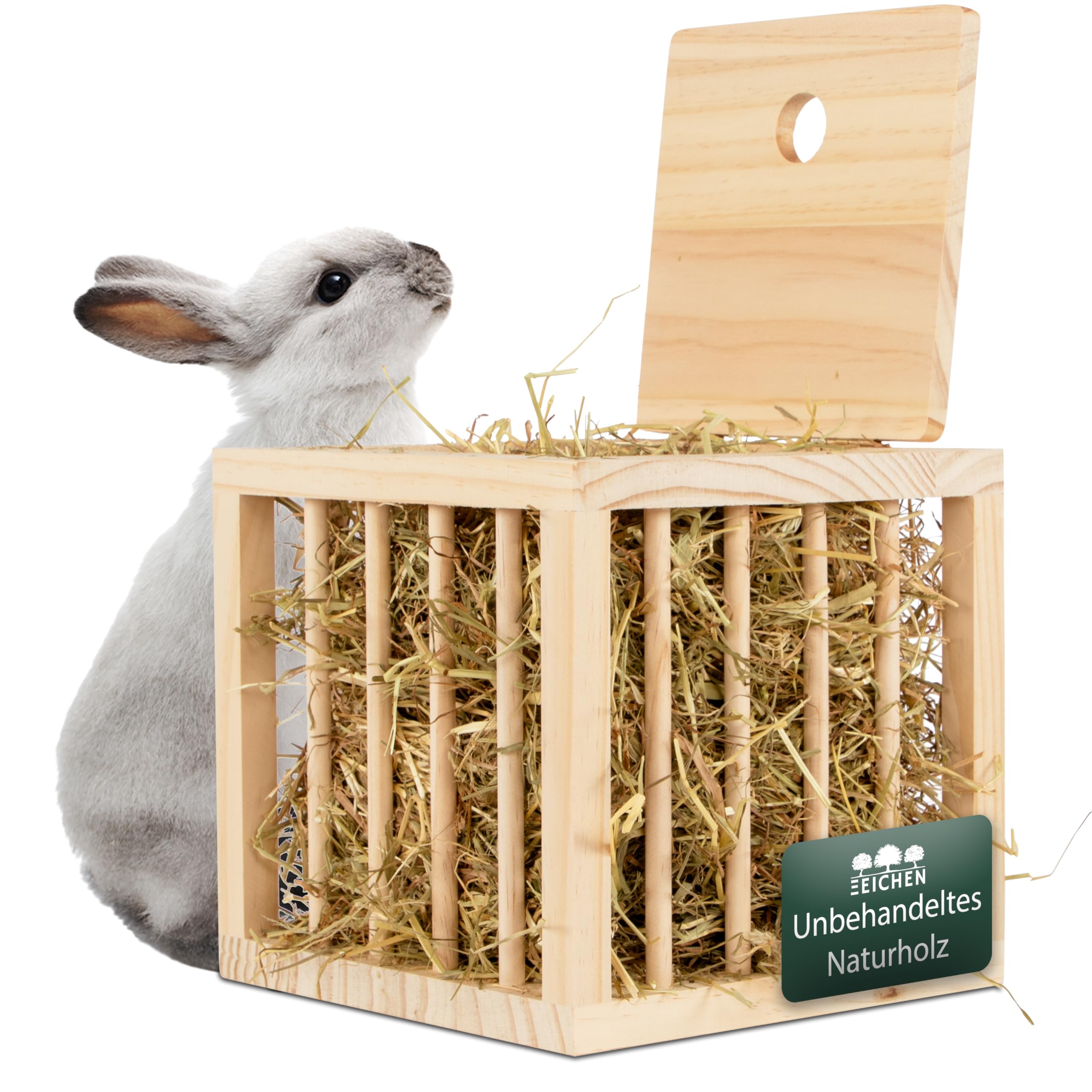 Heuraufe Kaninchen, Hasen, Hamster. Stabiler Stand in Würfelform. Unbehandeltes Naturholz. Perfekt für den Kaninchenstall. Heuraufe Meerschweinchen. Heu. Zubehör. Groß. Stehend | Drei Eichen