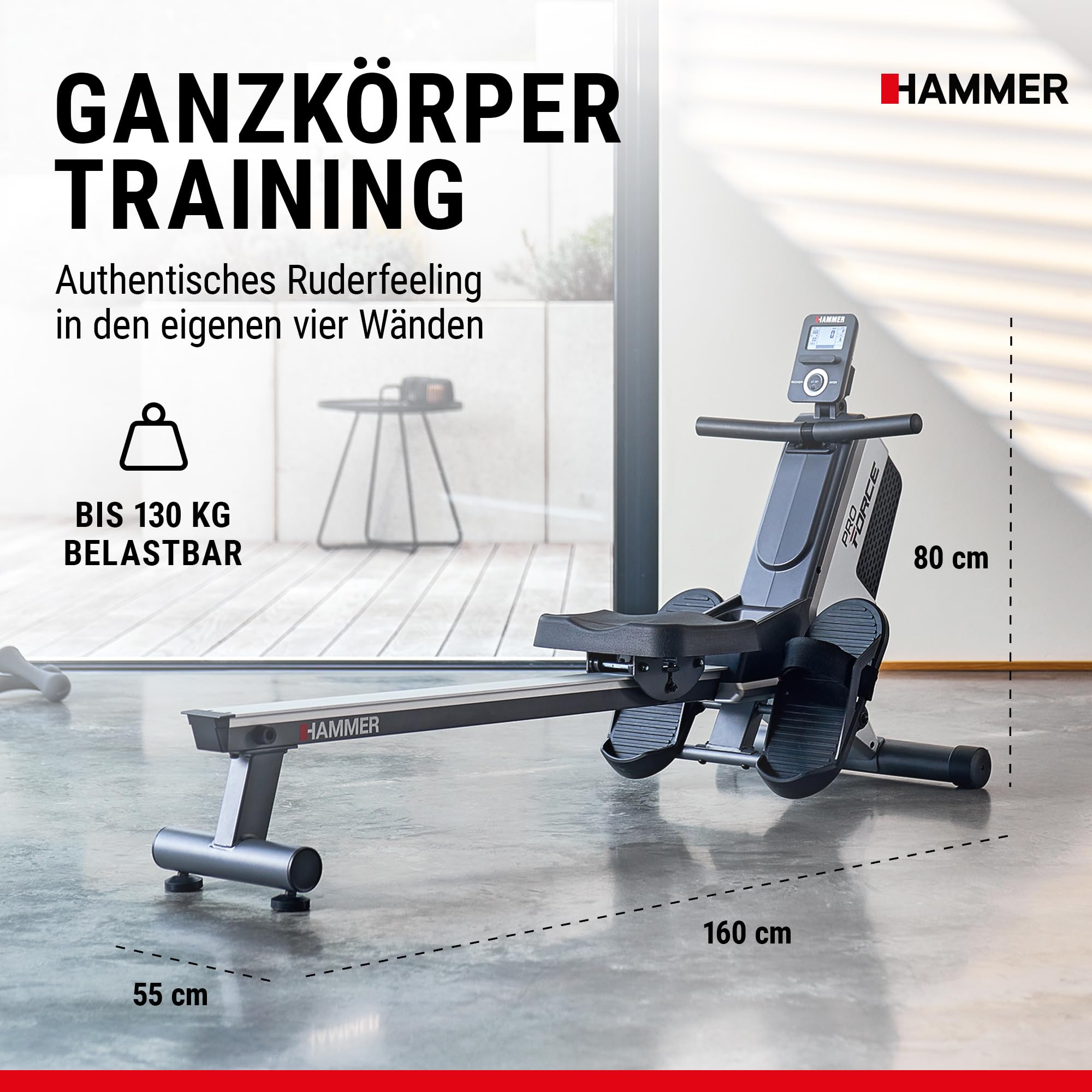 HAMMER Rudergerät Pro Force - platzsparendes, leichtes & hocheffektives Ausdauergerät mit 20 Trainingsprogrammen und Tablet-Halterung, bis 120 kg Nutzergewicht