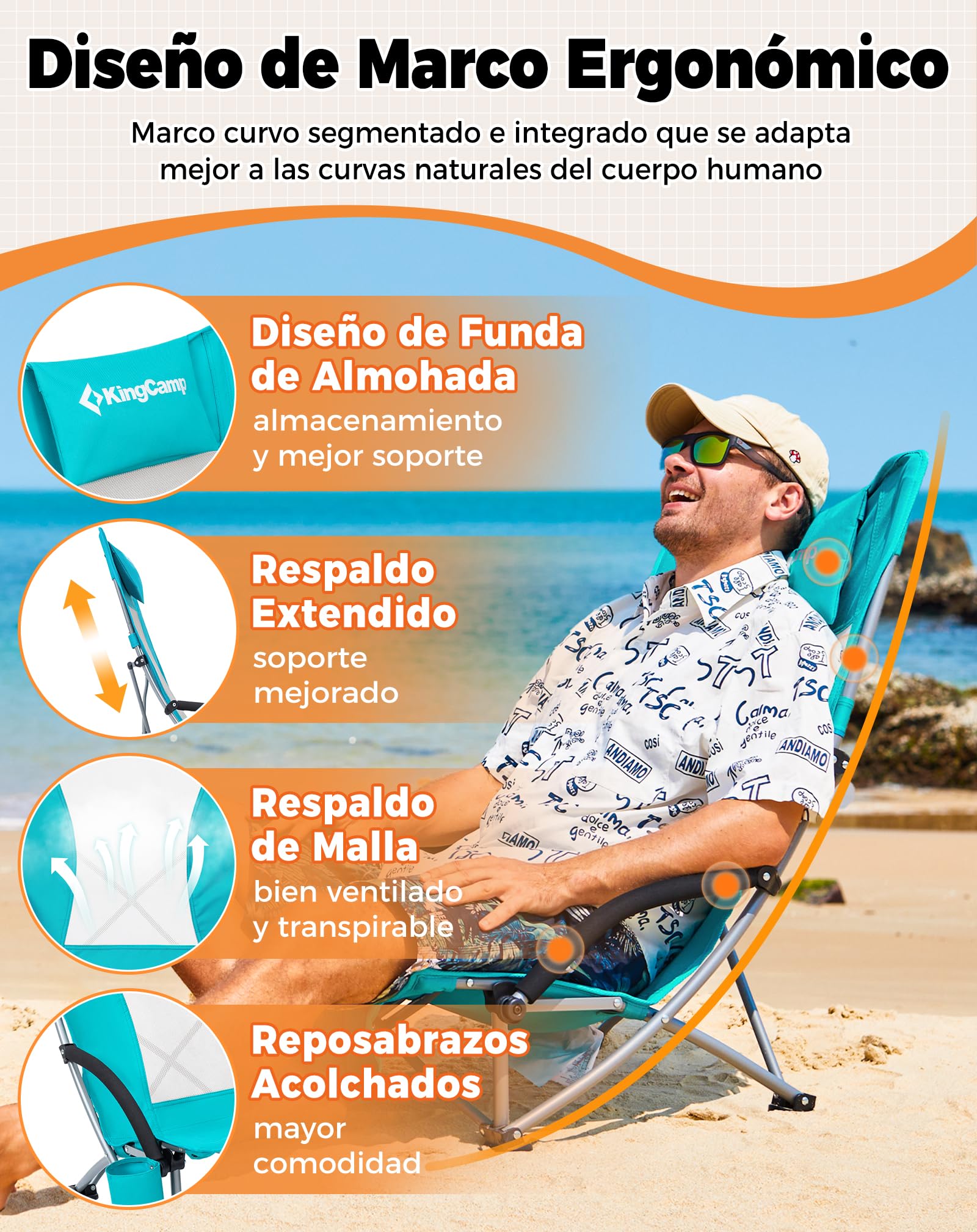KingCamp Silla de Playa Baja Plegable Ligera Capacidad 180kg Silla Picnic Estabilidad Doble Tubo Silla Portátil para Conciertos Asiento Ancho y Bolsillo Cian