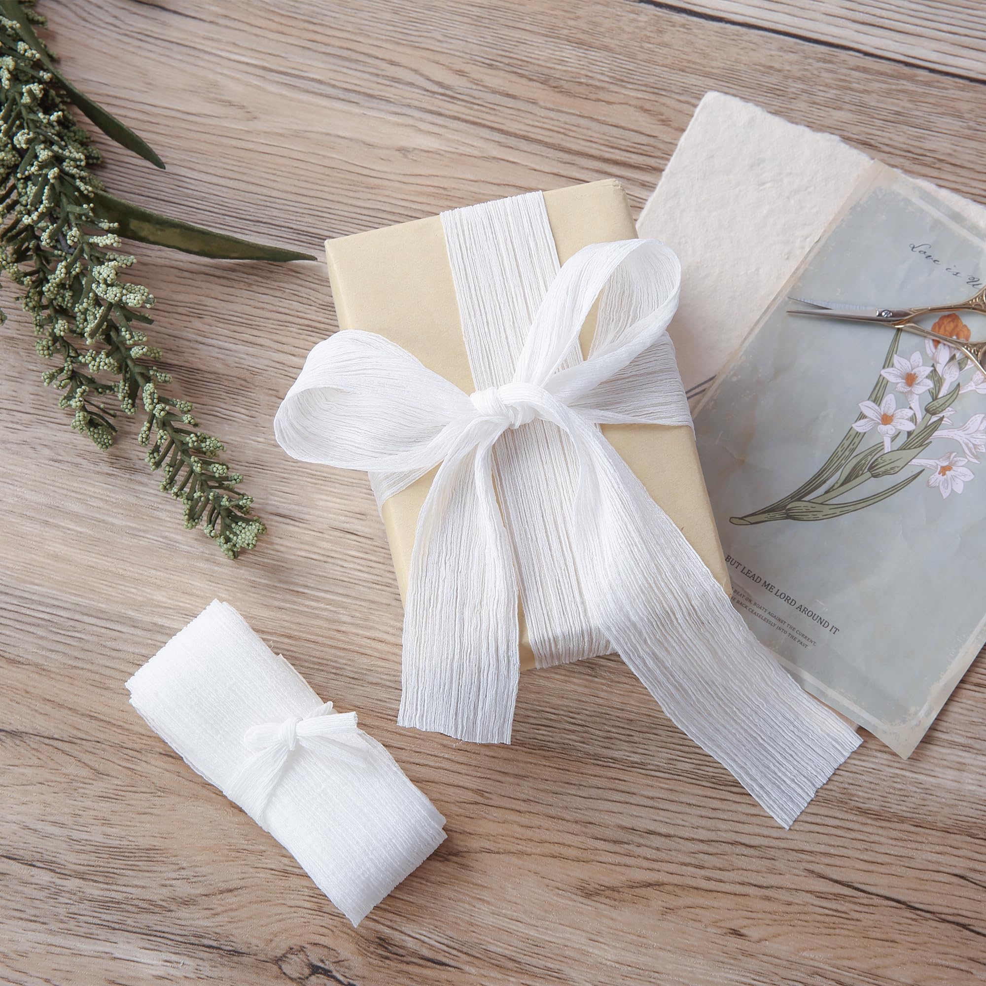Keypan Cinta de gasa blanca arrugada de 1 1/2 pulgadas, hecha a mano, cinta de seda para ramo de flores de novia, decoración de boda, envoltura de regalos, 3 rollos de 9 yardas