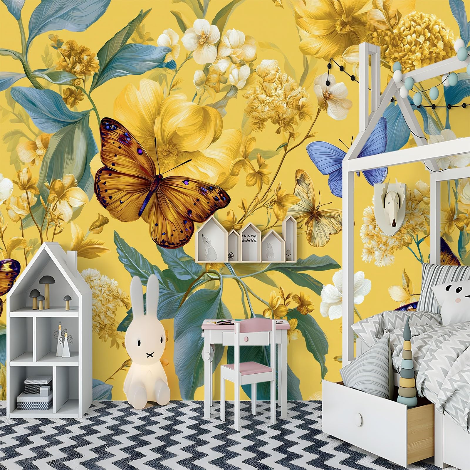 Fototapeta żółta, 300 x 210 cm – fototapeta w stylu retro, wysokiej jakości, włóknina, kwiaty, motyle, nadruk, tapeta do salonu, dekoracji domu, sypialni, kuchni, tapeta ścienna