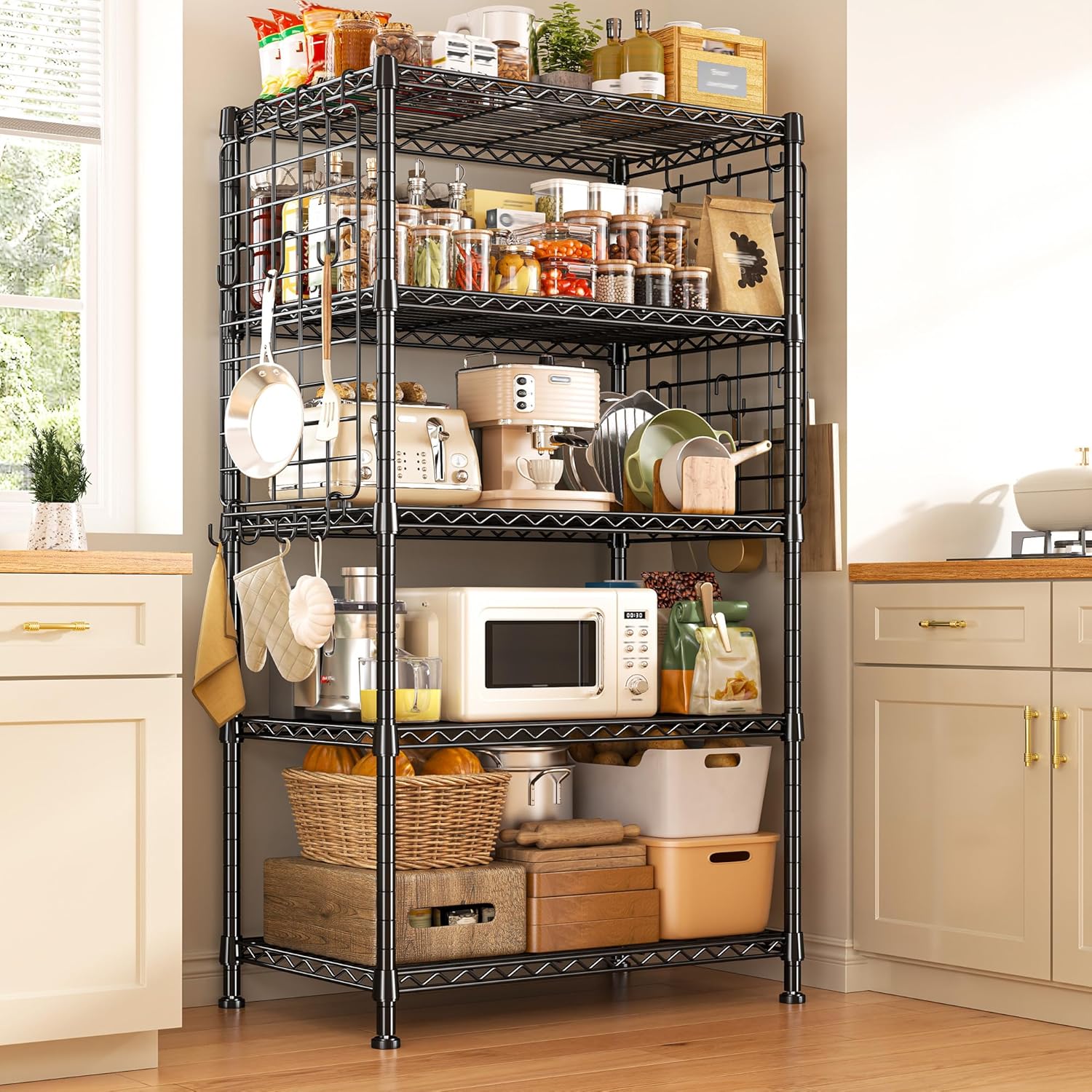 5 Tier Metal Shelving with Side Hanging Net Hooks, Adjustable Storage Shelves,530LBS Wire Shelving for Kitchen, Pantry,Laundry Room,Office and Garage, 29.5" W x 11.8" D x 59.1" H,Black