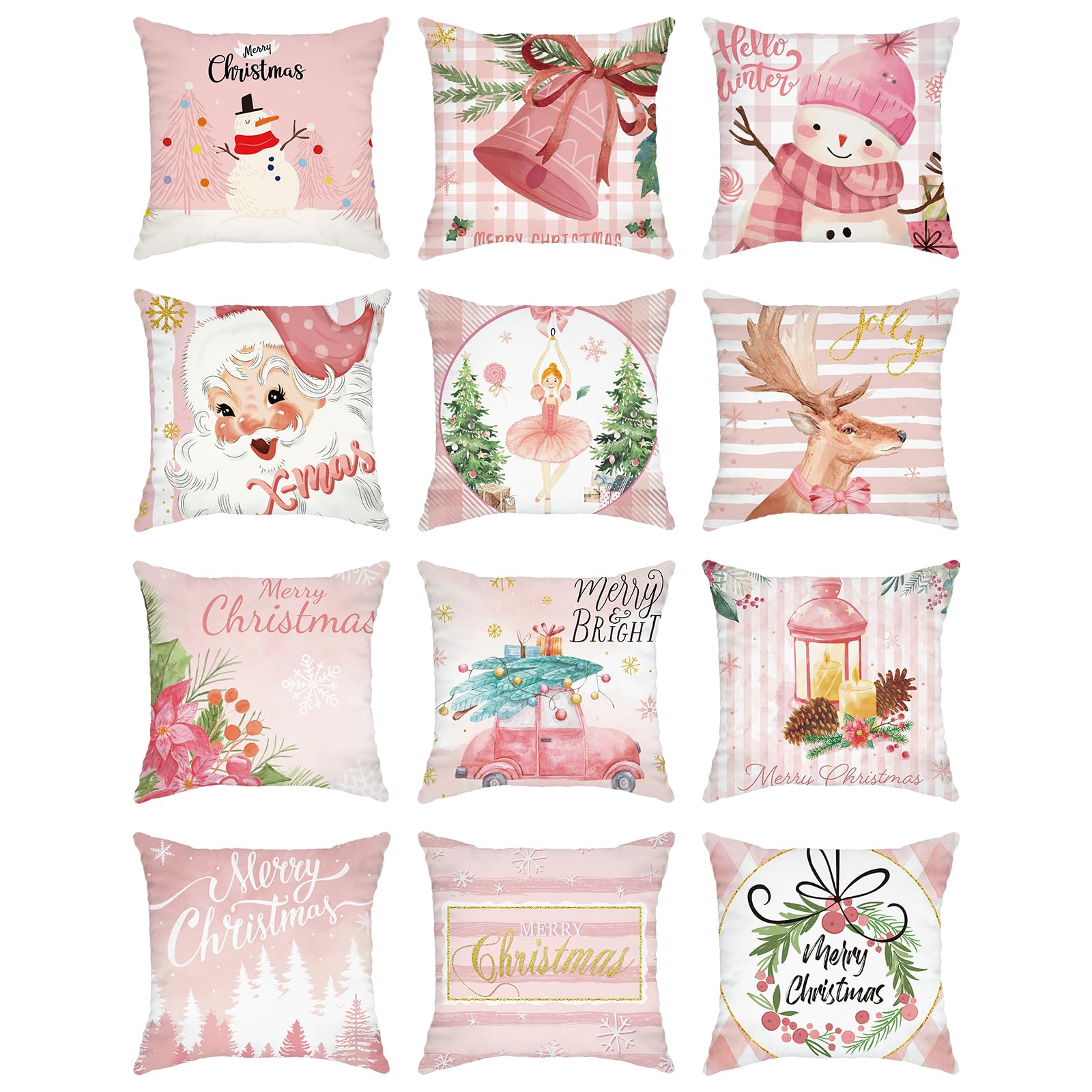 Photo 1 of 12 Pcs Christmas Pillow Cover 18x18 Pink Cushion Pillow Case Snowman Santa Reindeer Christmas Tree Stripes Throw Pillow Cover for Winter Holiday Farmhouse Decor Sofa Couch Decoration 12 Style