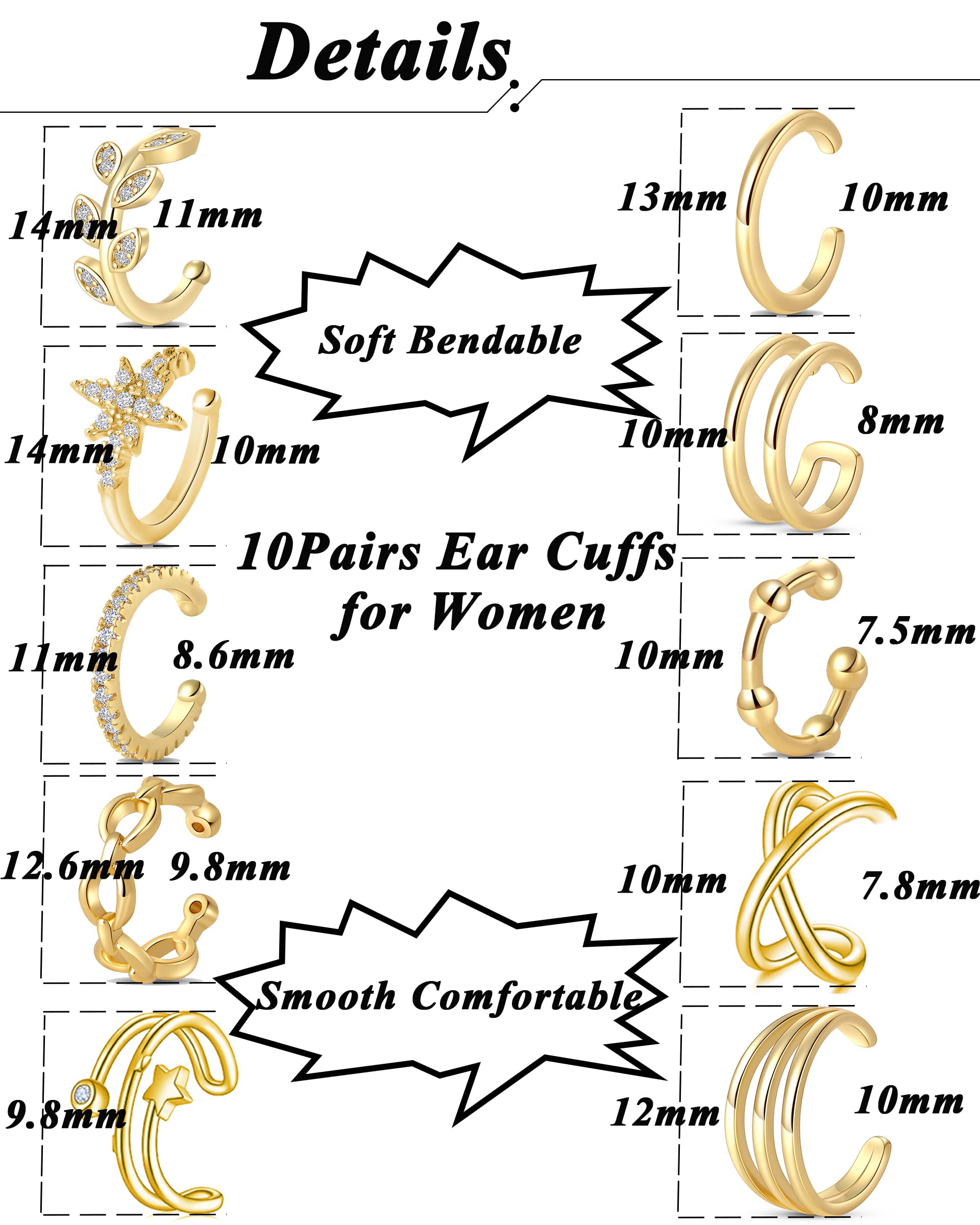 Tornito 4-10 Pairs Stainless Steel Ear Cuff Helix Cartilage Clip On Wrap Earrings Fake Nose Ring Non-Piercing Adjustable