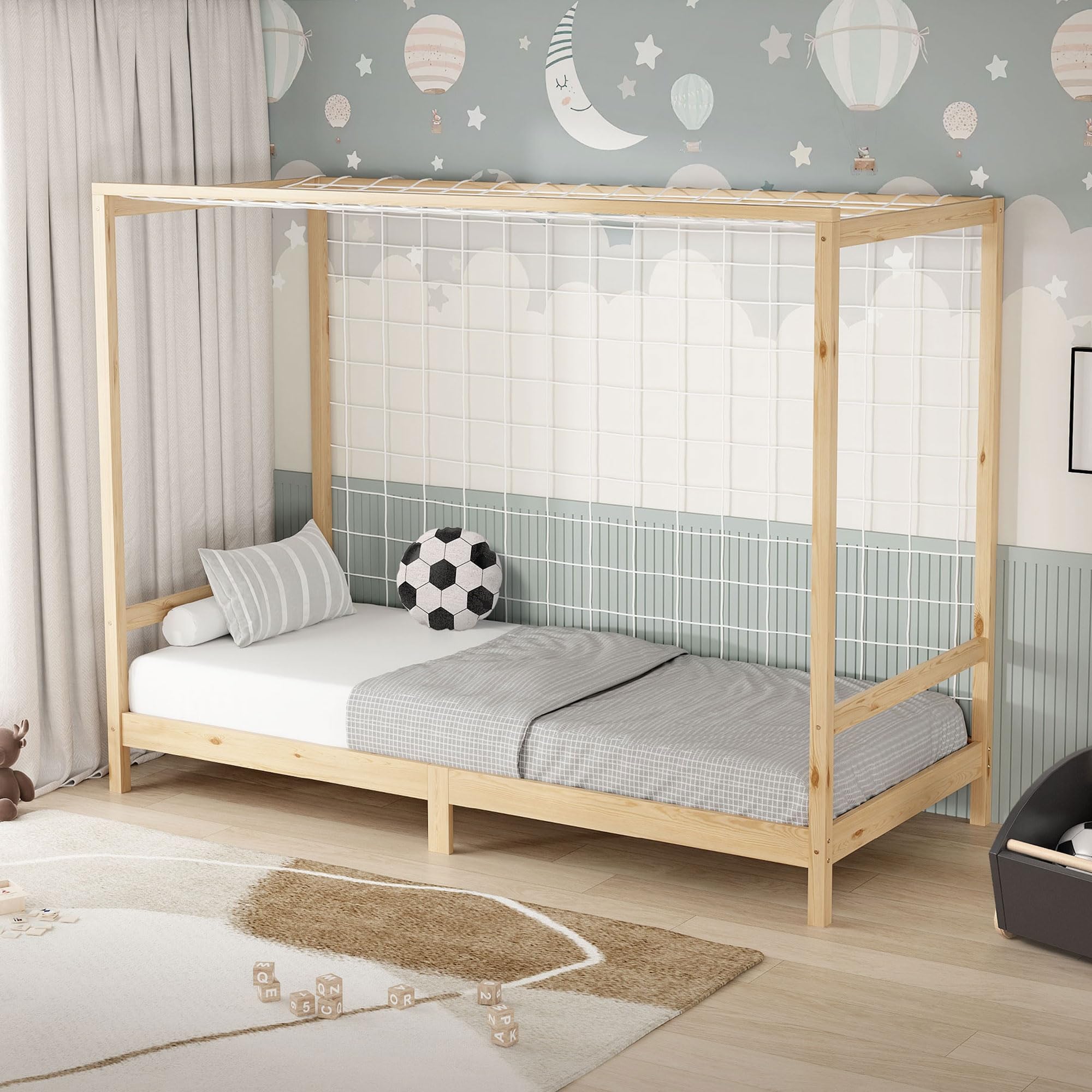 ML-Design Kinderbett Fußballtor 90 x 200 cm, Natur, Einzelbett für Kinder, Holzbett mit Lattenrost und Tornetz, Jugendbett aus Kiefernholz, Bettgestell Holzrahmen Spielbett Fußballbett-Tor Handballtor