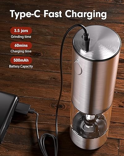 Miniatura 3 de Upgraded Larger Capacity Electric Salt and Pepper Grinder Set Rechargeable with LED lights - Stainless Steel Automatic Pepper Grinder and Salt