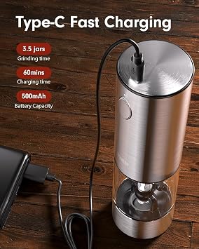 TOMEEM Upgraded Larger Capacity Electric Salt and Pepper Grinder Set Rechargeable with LED lights, Stainless Steel Automatic Pepper and Salt Grinder Refillable with 5 Adjustable Coarseness