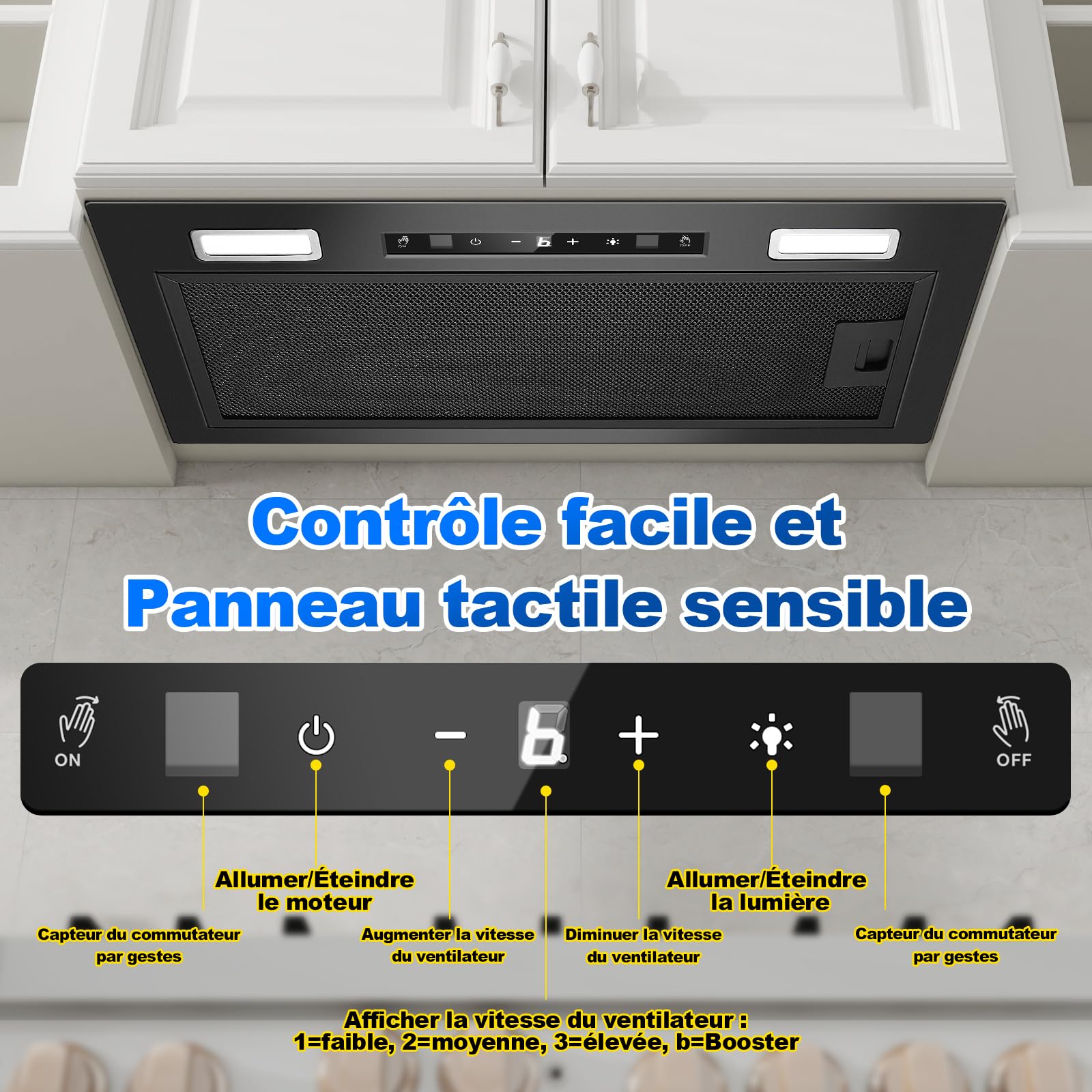 Hotte Aspirante 52cm Encastrable, 750m³/h, Hotte Encastrée, Commande Gestuelle & Tactile, 3 Vitesses & Fonction Booster, Éclairage LED, Filtre Charbon et Conduit Inclus, Évacuation/Recyclage