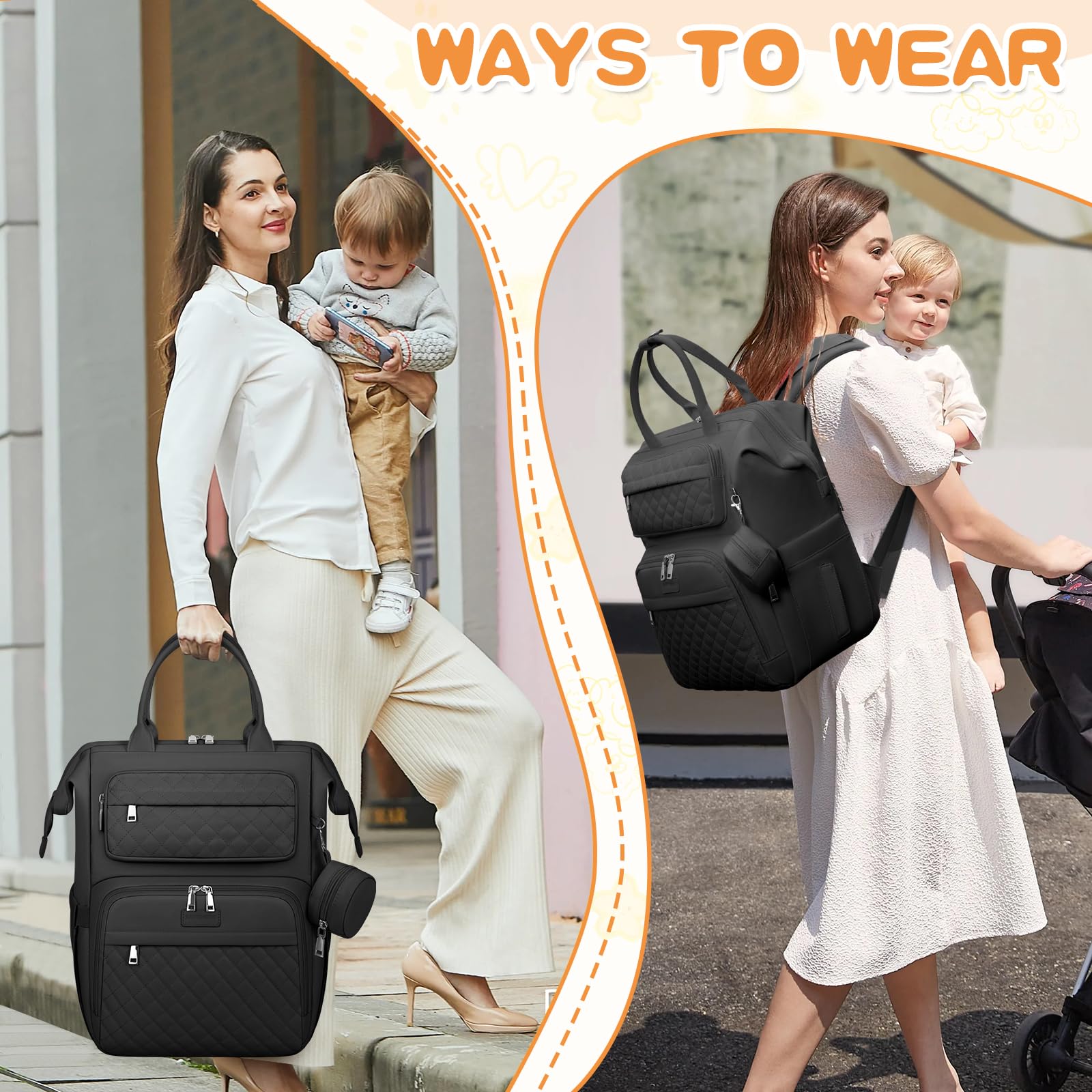 RAINSMORE Zaino Mamma Fasciatoio Multifunzione Borsa Neonato Portatile Cinturini Passeggino Nero