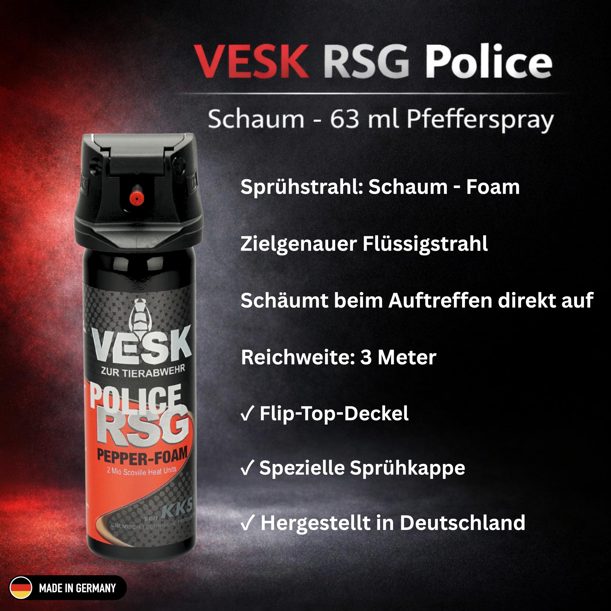 Pfefferspray Pfefferschaum VESK Police RSG Foam Schaum 63 ml Sprühkopf mit Federdeckelkappe Tierabwehrspray zur Selbstverteidigung