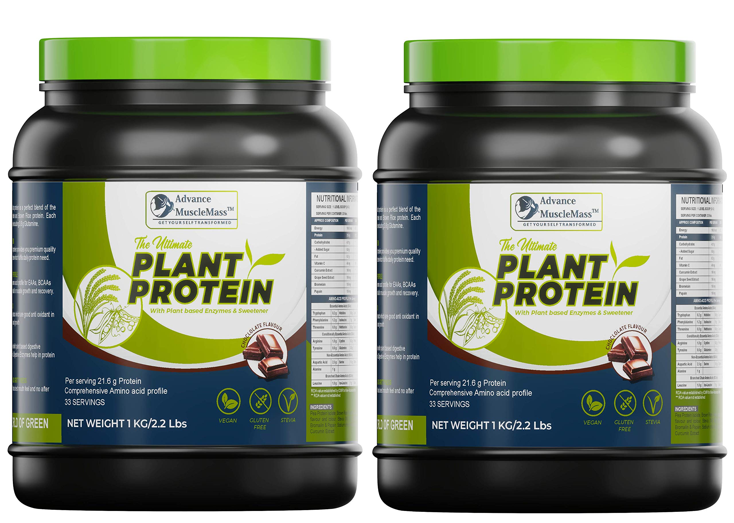 Advance MuscleMass Ultimate Plant Protein with anti oxidant extract | Plant based Enzymes | With Stevia |1 kg / 2.2 lbs Chocolate flavour | Pack of 2