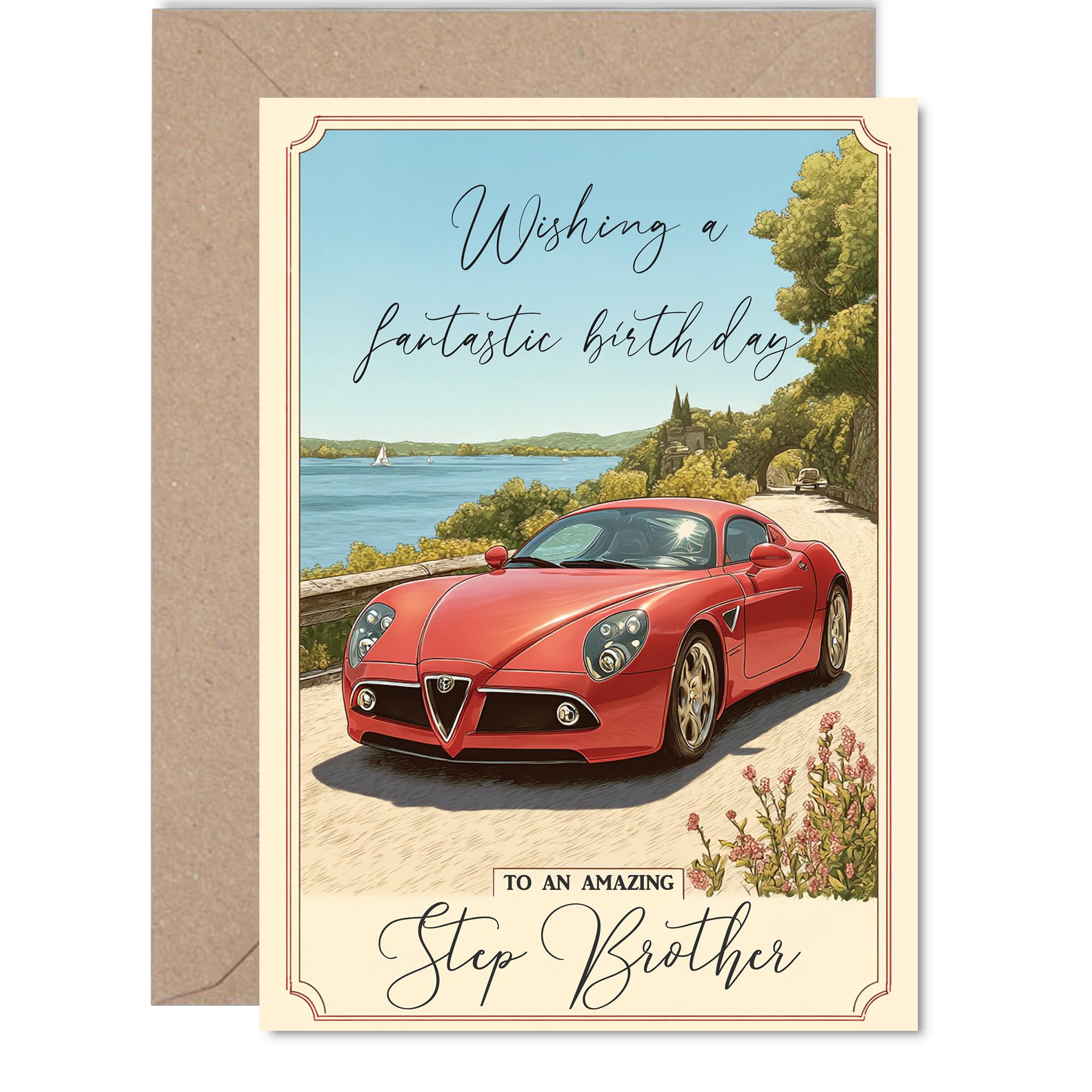 Step Brother Birthday Card - Red Sports Car - Happy Birthday Card for Step Brother from Sister Sibling, 5x7 Inch Countryside Landscape Bday Greeting Cards