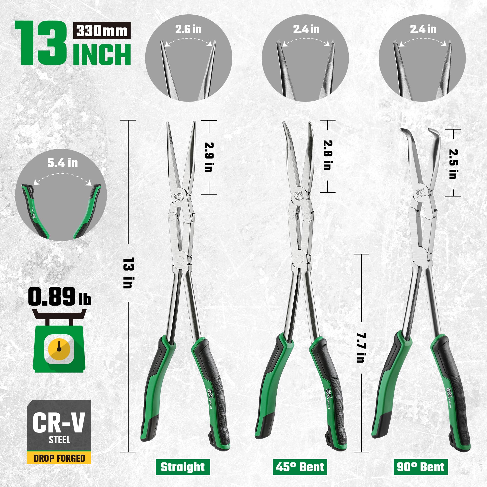 SK Pinze a becco lungo, 33 cm, pinze a becco lungo a doppio composto | Pinze dritte lunghe con becchi piegati a 45° e 90°, in acciaio CR-V di alta qualità, con impugnature comode