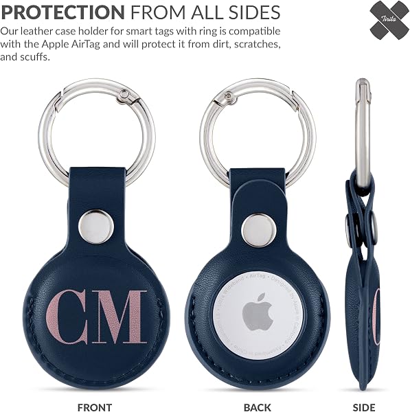 Tirita Personalised Case Keyring Holder Compatible with Apple AirTag 1 & 2 - Leather Case with Key Ring for Apple AirTag [16- Monogram Initials on Blue] - 3