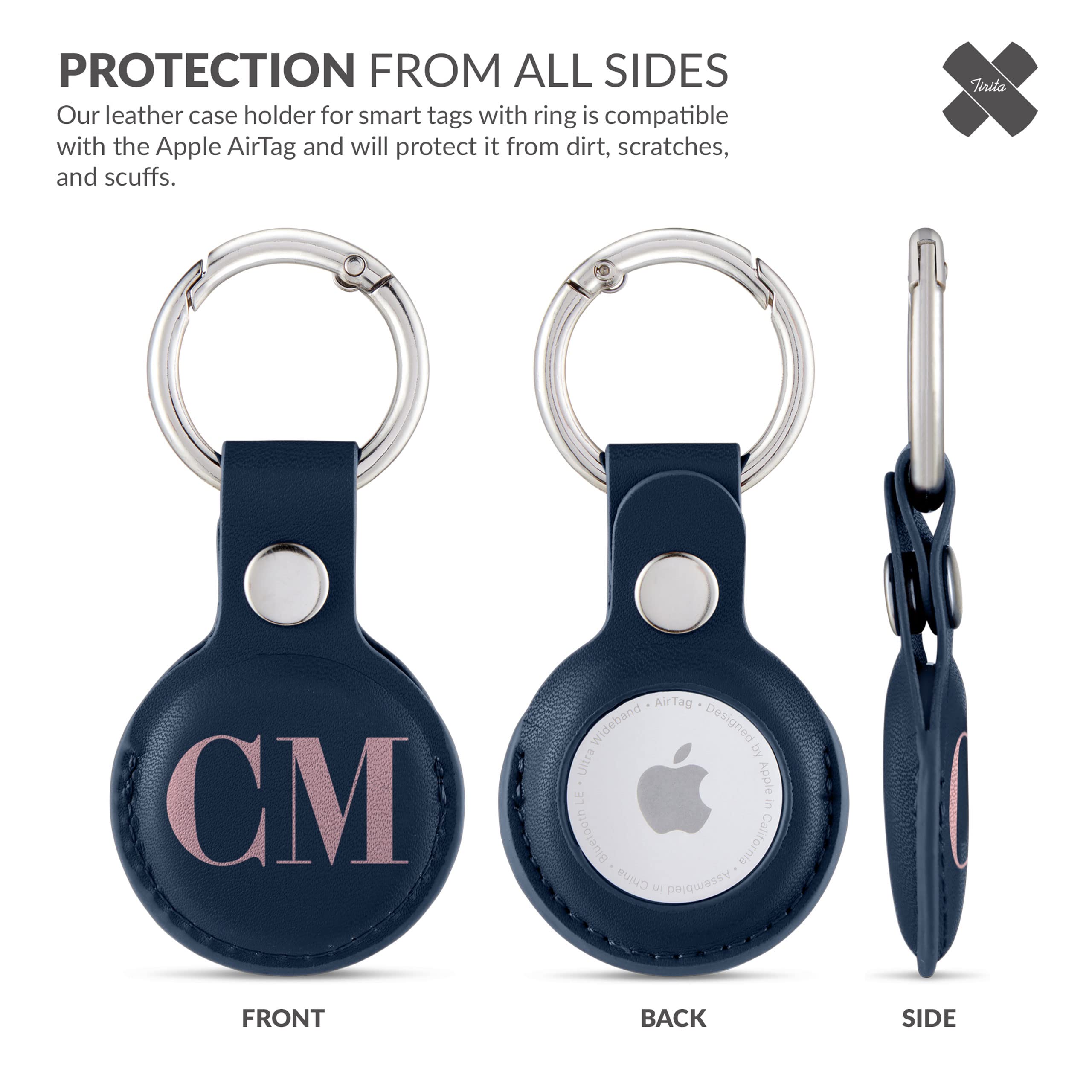 Tirita Personalised Case Keyring Holder Compatible with Apple AirTag 1 & 2 - Leather Case with Key Ring for Apple AirTag [16- Monogram Initials on Blue] — view 3