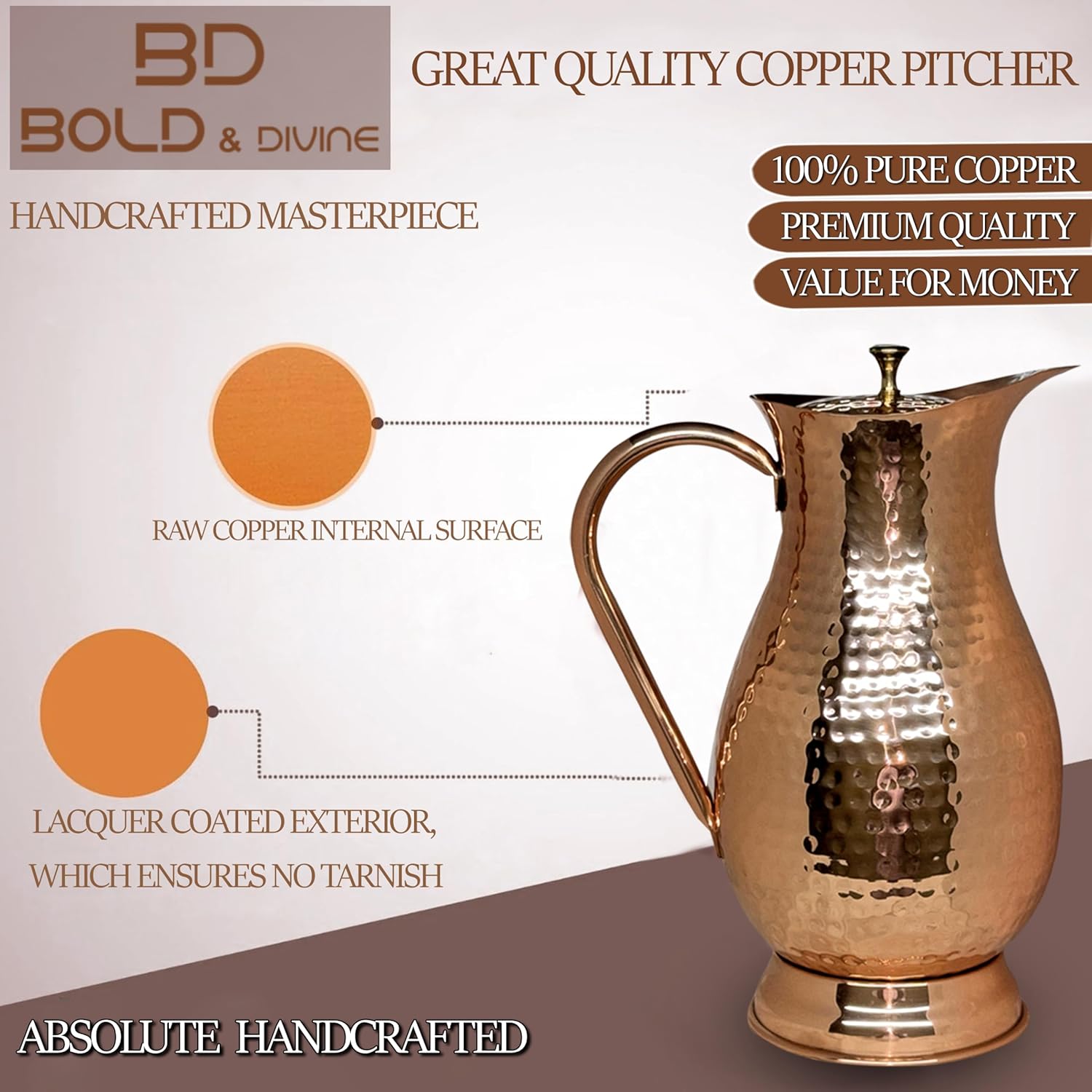 Bold & Divine Pure Copper Water Pitcher, Copper Pitcher with Lid, 100% Copper Water Jug, Copper Water Jug