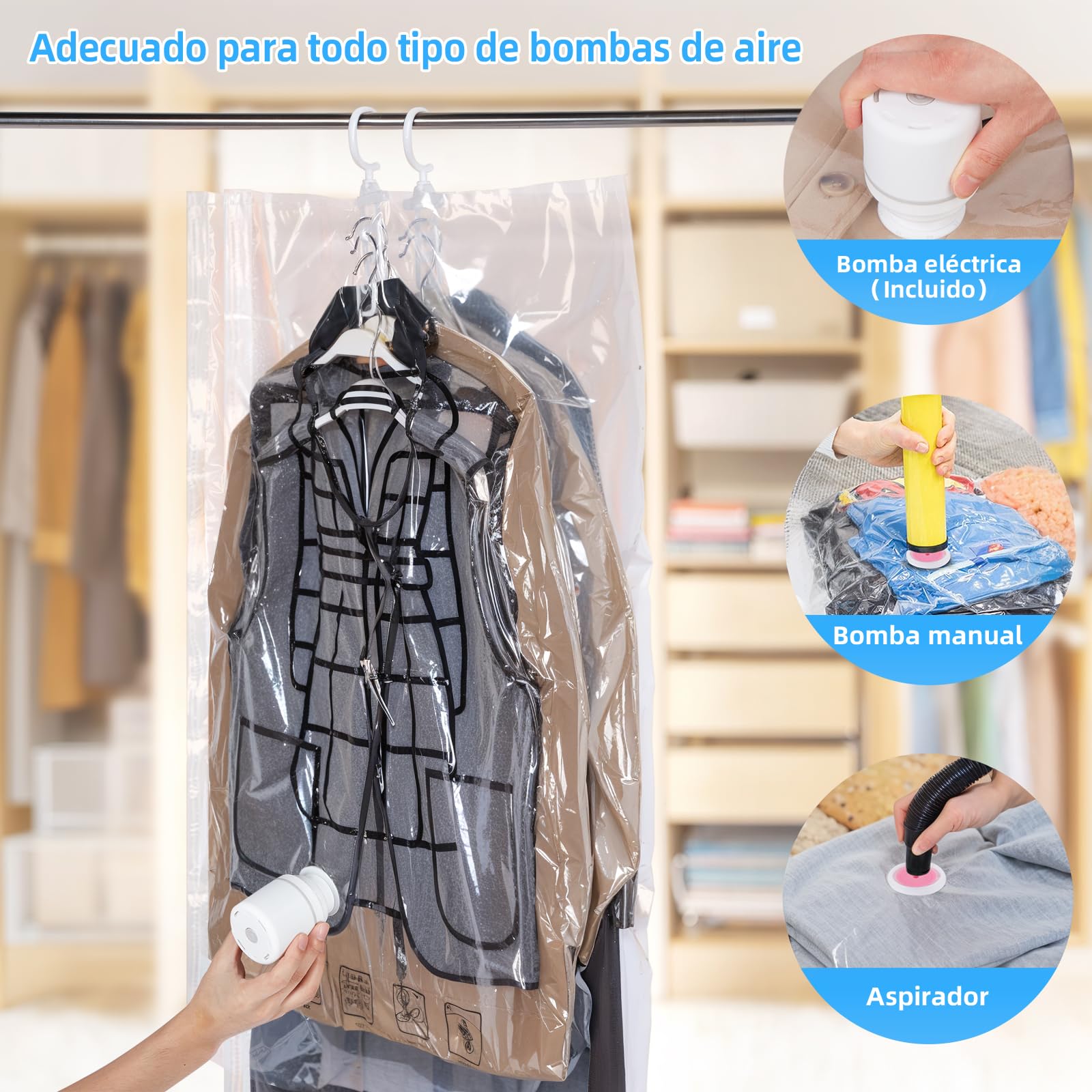AGPTEK 6 Bolsas Vacío Colgantes para Trajes y Abrigos con Bomba Eléctrica, Ahorra 80% Espacio, Material PA+PE 8 Mil Reutilizable para Viaje y Almacenamiento Ropa