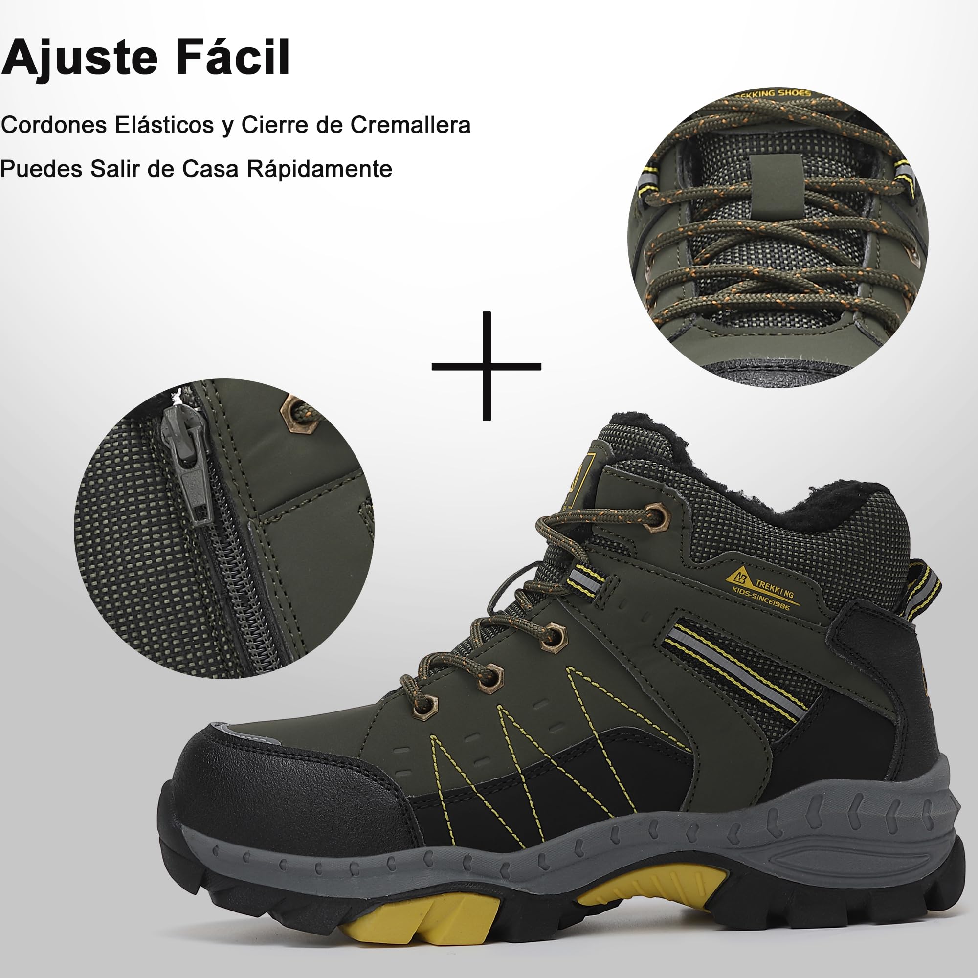 ASTERO Botas de Invierno para Niño 31-38 con Hebilla de Acero, Algodón, Zapatillas Trekking Senderismo, Botas de Nieve y Montaña Verde 32