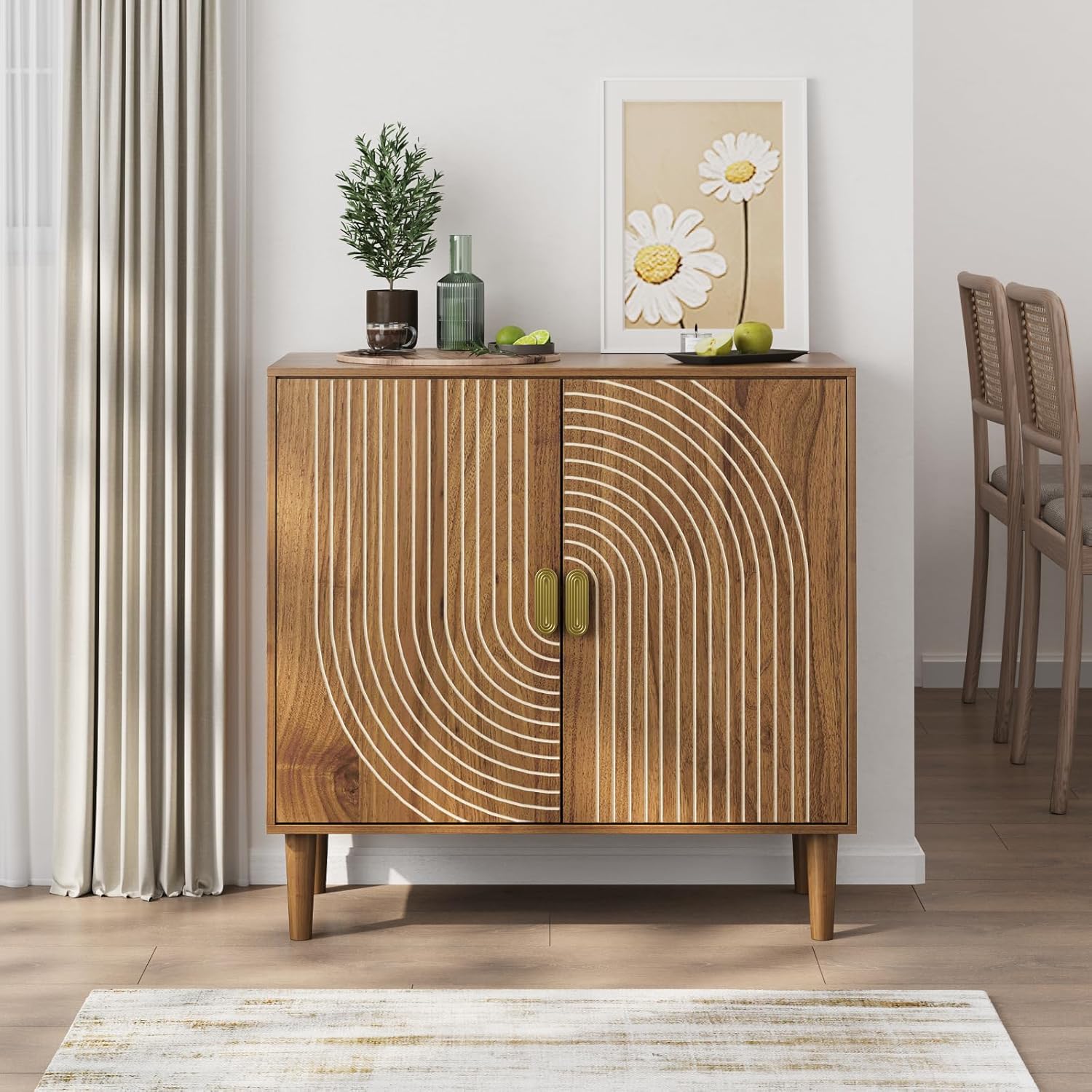 Walnut Wood Buffet Cabinet with Line Groove Design,