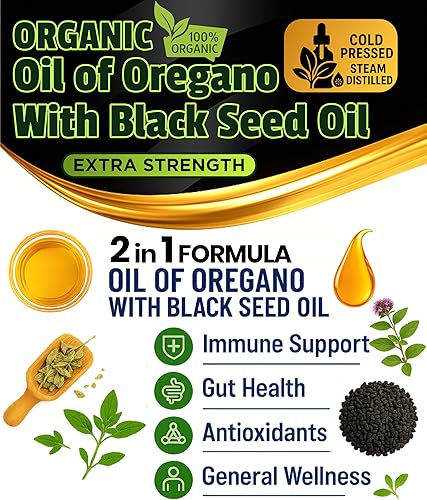 Miniatura 4 de Aceite de orégano con aceite de semilla negra, 400 porciones, aceite de orégano silvestre 2 en 1 con gotas de aceite de semilla negra, suplemento