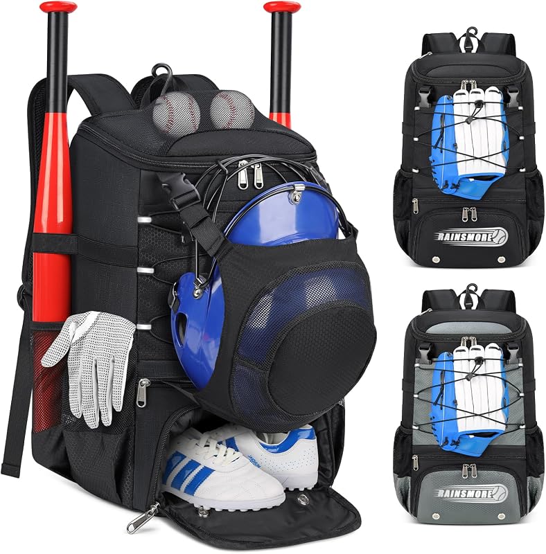 RAINSMORE Baseball Bag for Youth & Adult Softball Backpack Shoe Compartment | Hidden Helmet Holder, Fence Hook, 40L Large Waterproof Lightweight Baseball Backpack for T-Ball, Bat & Softball Equipment