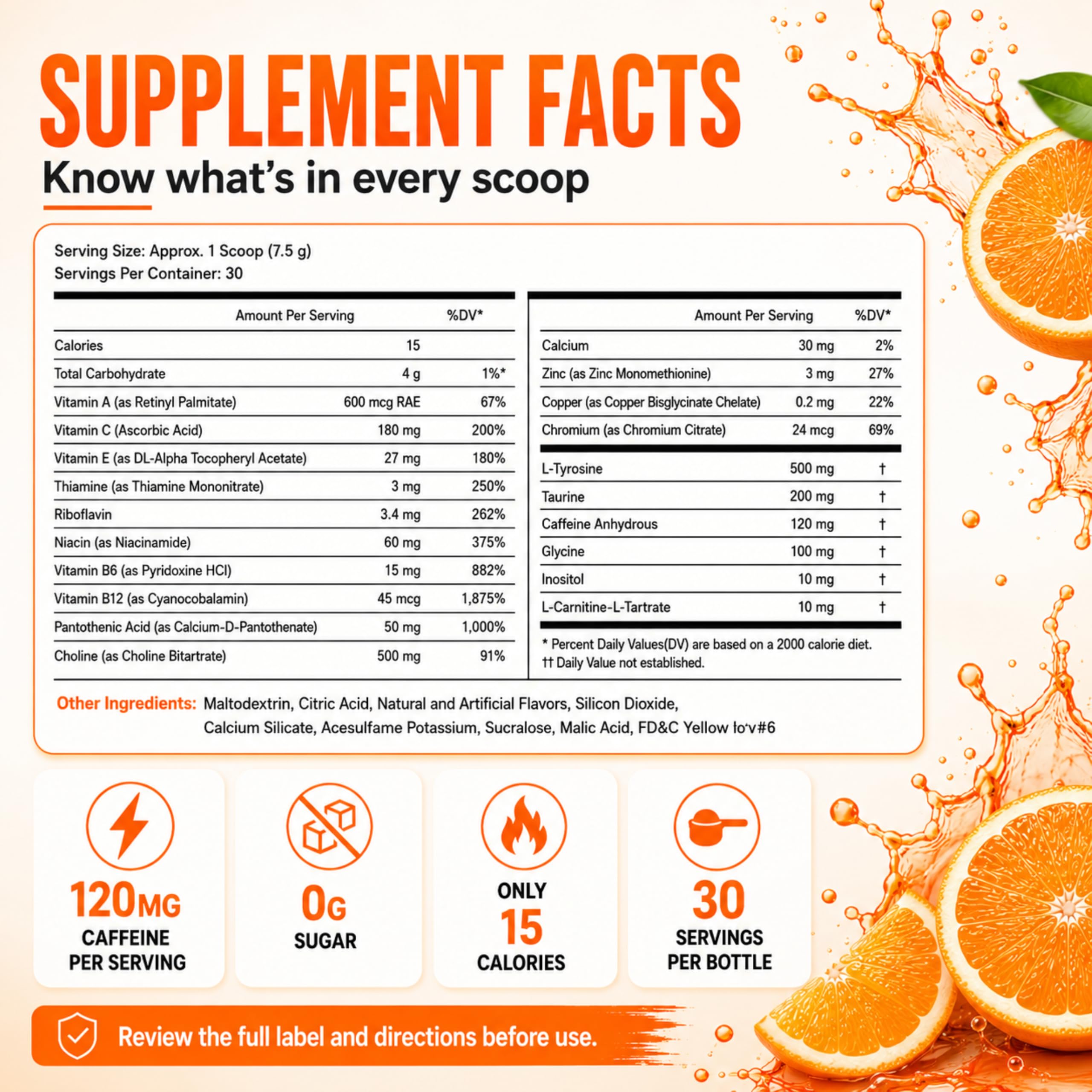 Sugar Free Energy Drink Powder, 18 Vitamins & Minerals, Orange Burst Flavor — Amazon image 2