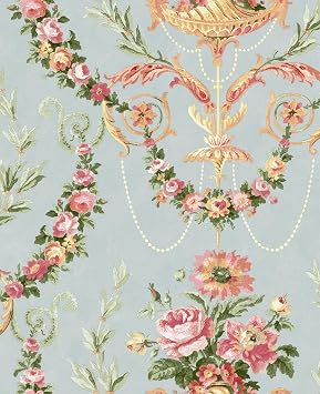 Wallpaper Floral Bouquet Garland Urn Pink Coral Green Peach on Blue 56 sq ft Per Bolt