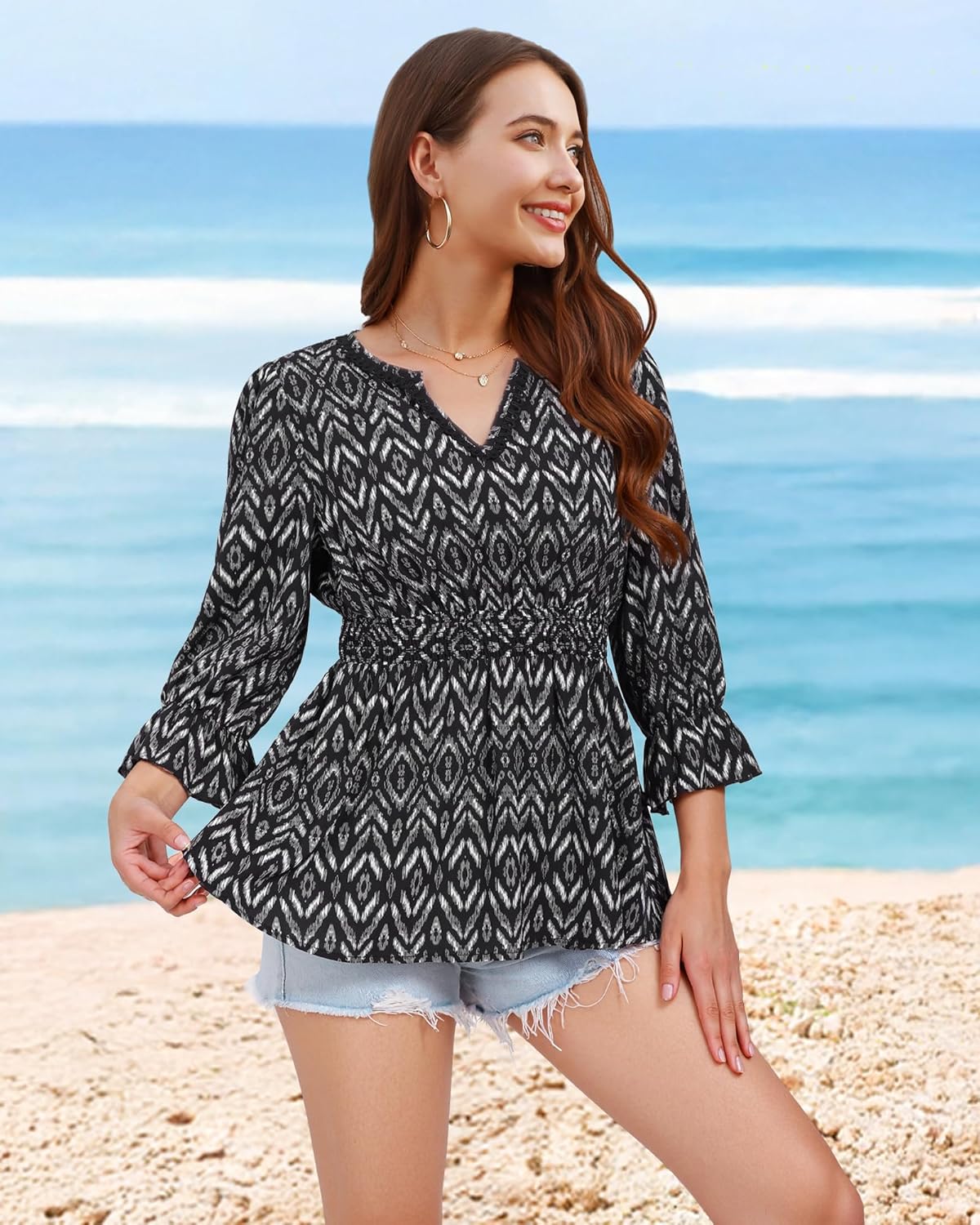 Unixseque 3/4 Length Sleeve Womens Tops Dressy Casual Lace V-Neck Peplum Babydoll Blouses 2025 Fashion Clothing - Image 2