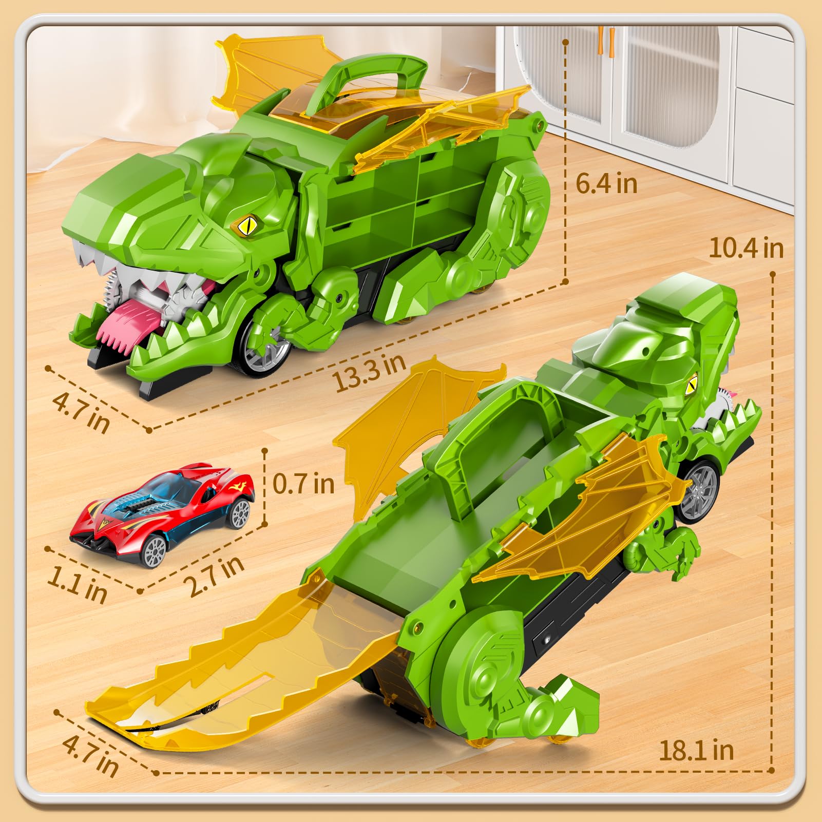 Ci Vetch Juguete de coche para niños de 3 a 6 años, 10 coches fundidos, camión de transporte de dinosaurios, se convierte en dinosaurio, verde