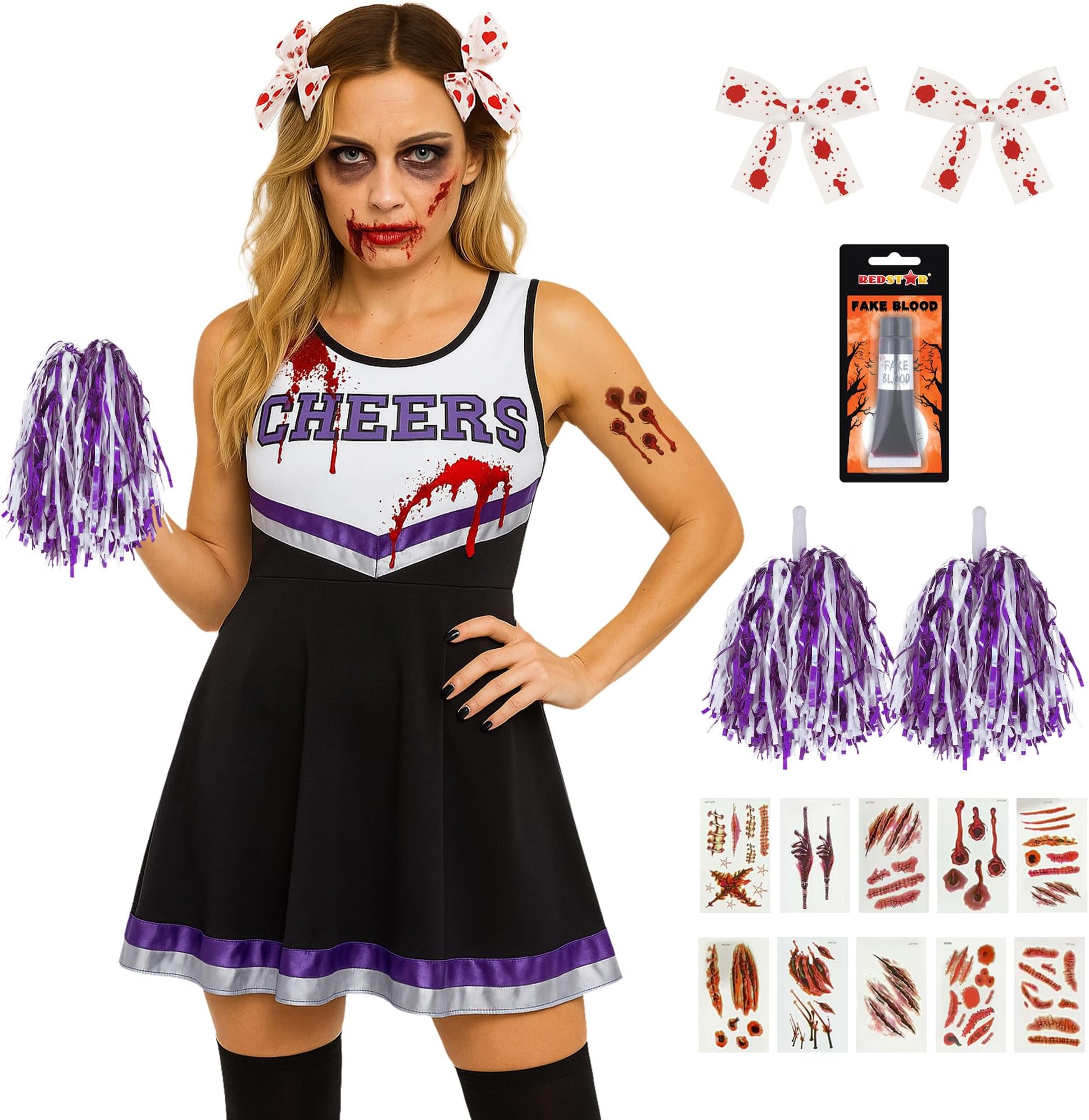 Zombie Cheerleader Costume Women Outfit with Cheerleader Pom Poms - Dead Halloween Fancy Dress Costume - High School Musical Zombie Outfit