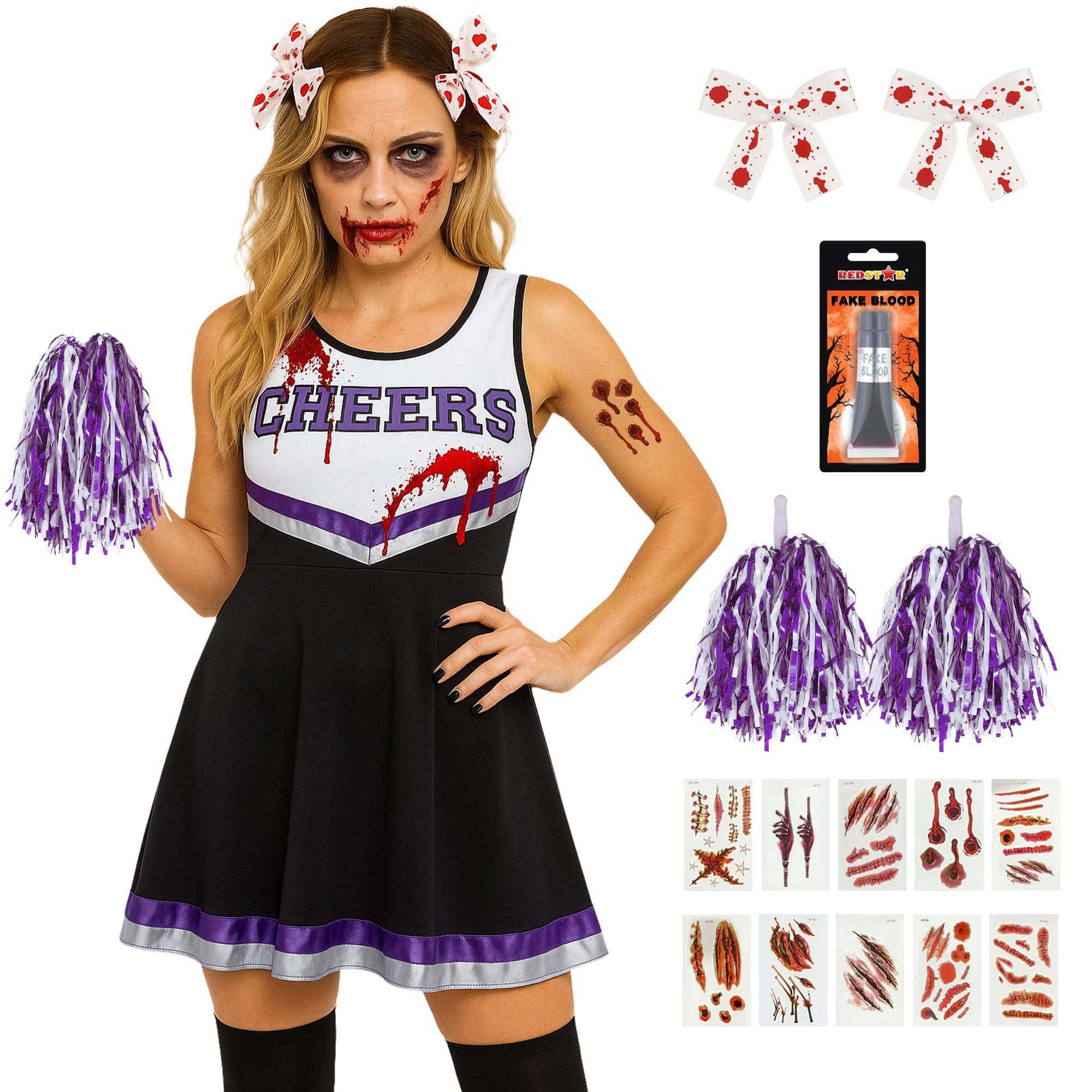 Zombie Cheerleader Costume Women Outfit with Cheerleader Pom Poms - Dead Halloween Fancy Dress Costume - High School Musical Zombie Outfit