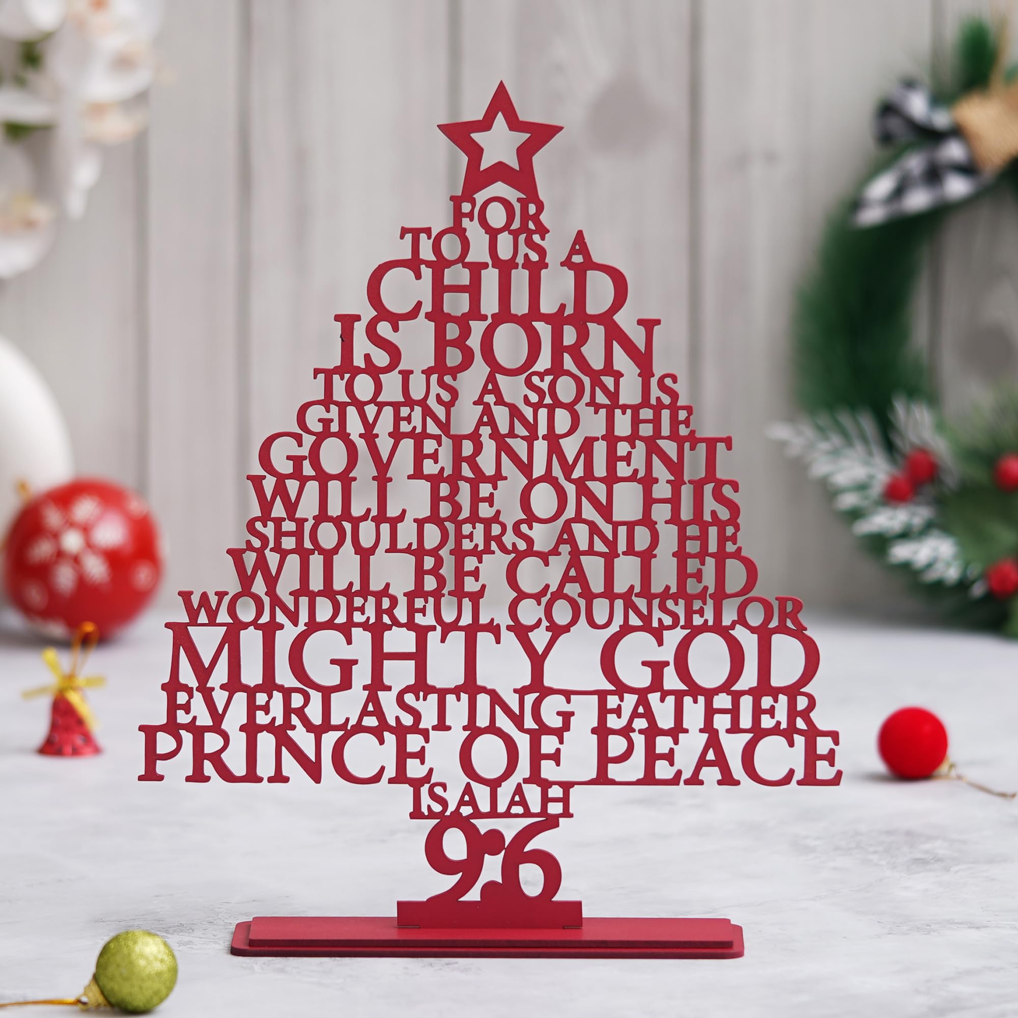 eCraftIndia Red Wooden Isaiah 9:6 Christmas Tree | Xmas Tree | Christmas Tree for Table Home Living Room Office | Christmas Ornaments | Christmas Props | Merry Christmas Decorations Items for Home 2