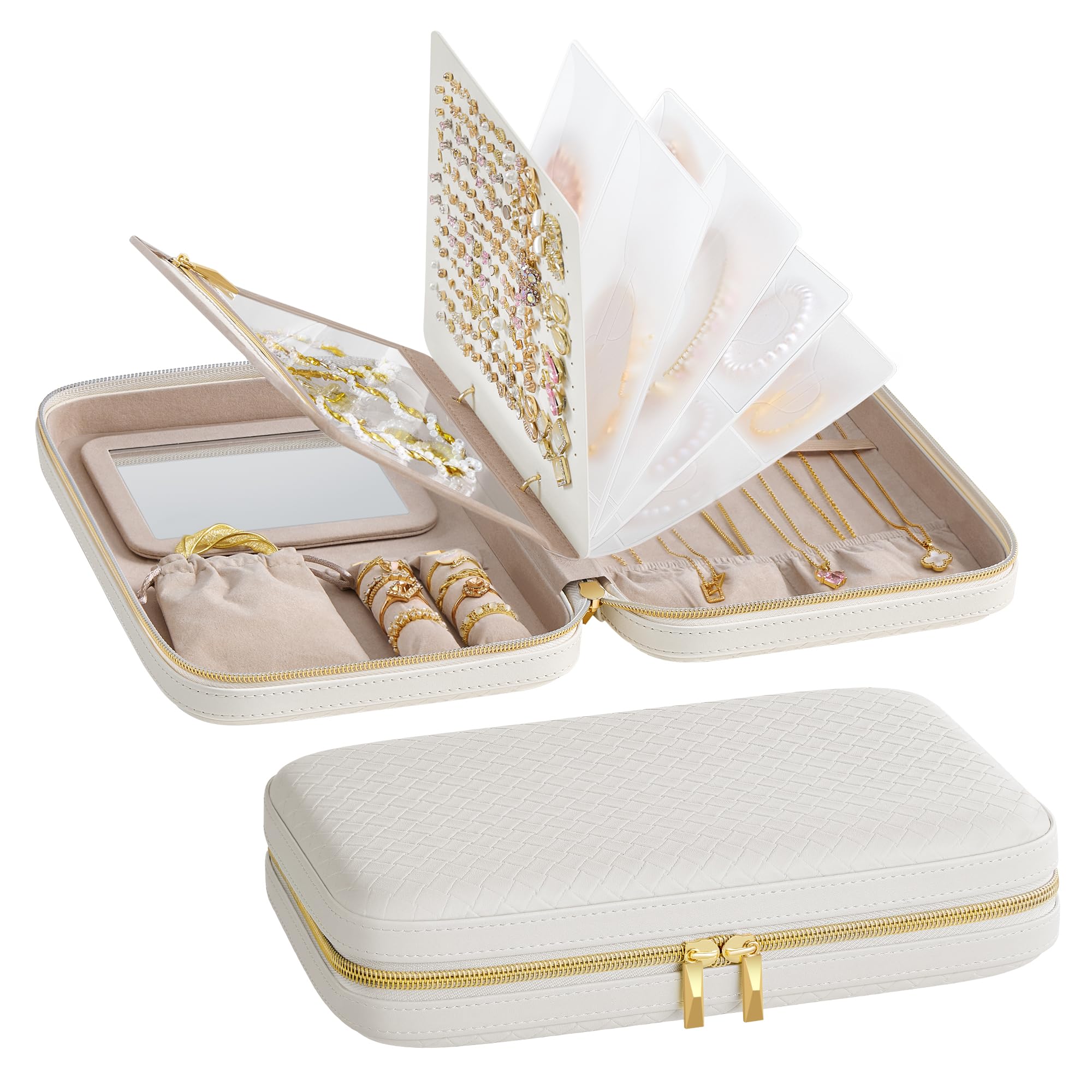SONGMICS HOMESONGMICS HOME Travel Jewelry Case, Jewelry Organizer Box with Mirror, Jewelry Pouch, Woven Embossed PU Leather, Hard Shell, Large Capacity, Gift Idea, Cloud White UJBC204W01