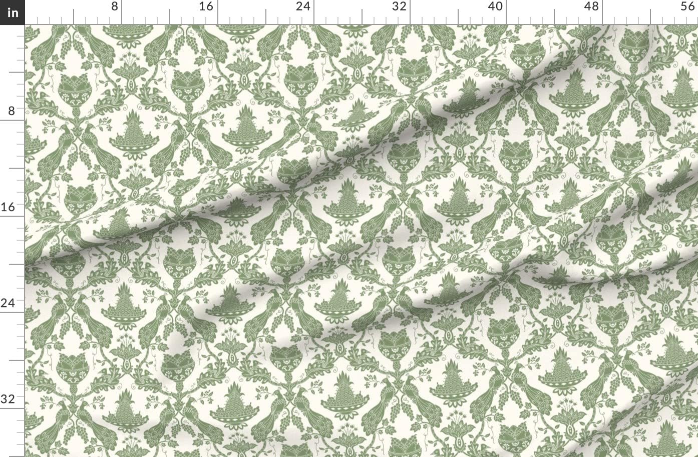 Spoonflower Fabric - Olive Sage Green Fruit Birds Victorian Peacock Seasonal Printed on Organic Cotton Sateen Fabric by The Yard - Sewing Quilting Apparel Home Decor