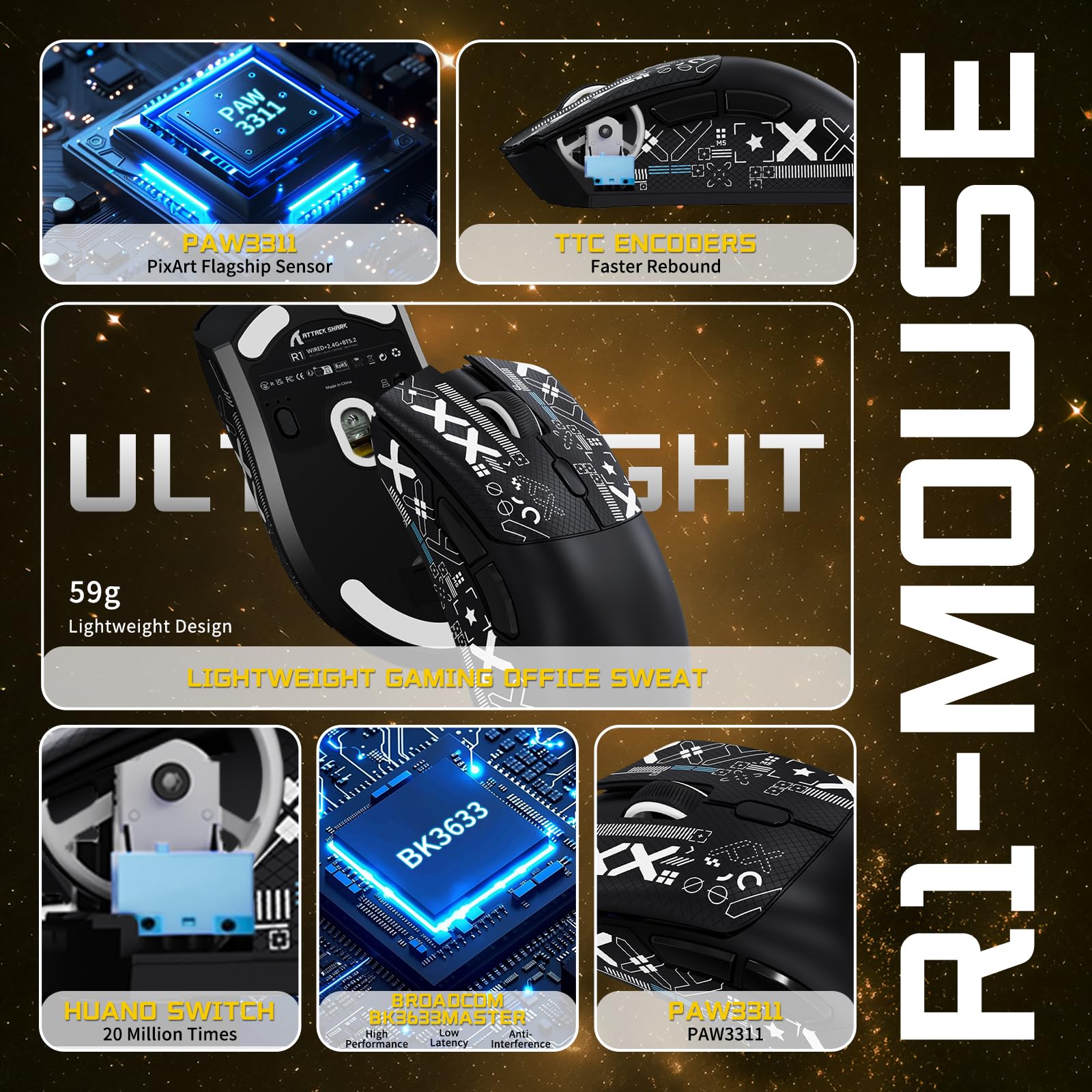 ATTACK SHARK Gaming-Tastatur & -Maus-Set, X65 HE Kabelgebundene Magnettastatur und R1 Kabellose 59g Superleichte Maus (8000Hz, RT 0,01mm, RGB, 65h Akku) - Sternenschwarz