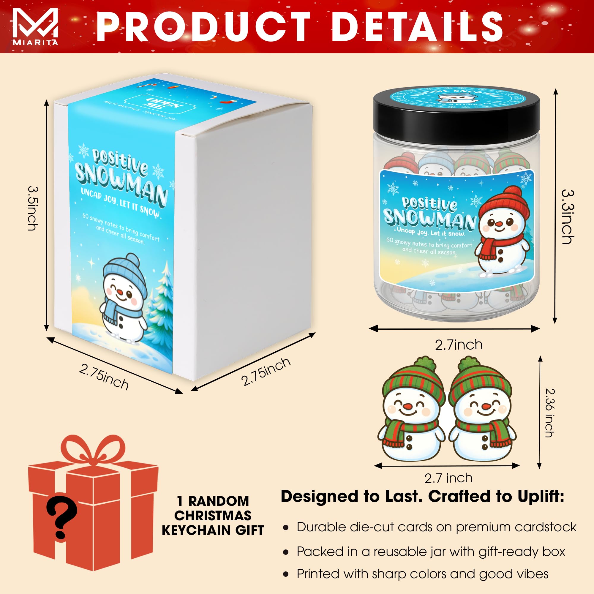 Positive Snowman Jar, 60 Affirmation Cards for Women, Men, Teens & Coworkers, Christmas White Elephant Gifts for Teens, Women - Men, Mom, Teacher, Sisters, Friends, Teen Girl Gifts Trendy Stuff