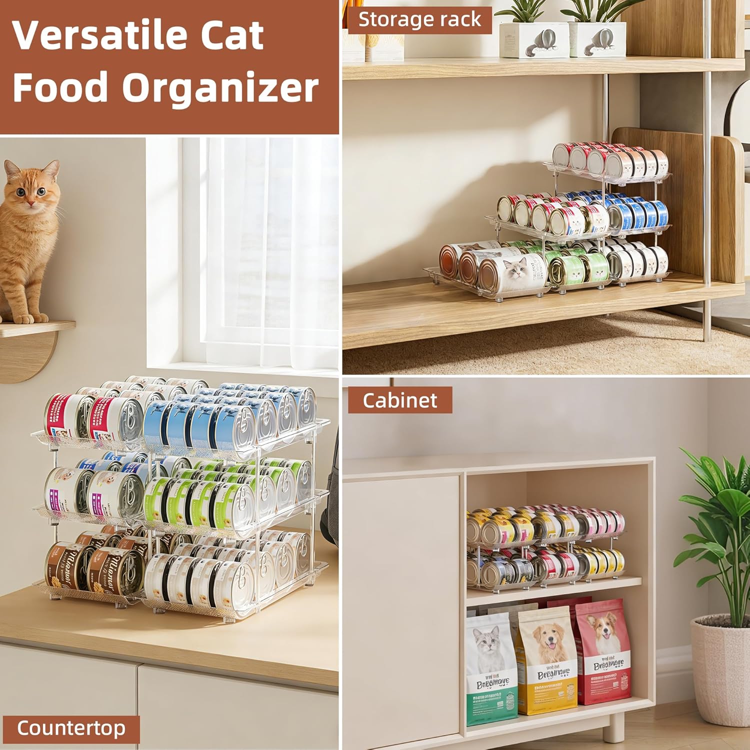 Attelite Cat Food Can Organizer, 3 Tier Can Organizer for Pantry, Rolling Stackable Cat Food Storage Rack Holds 144 (3oz) Cans, Canned Food Organizer for Pantry Kitchen Cabinet